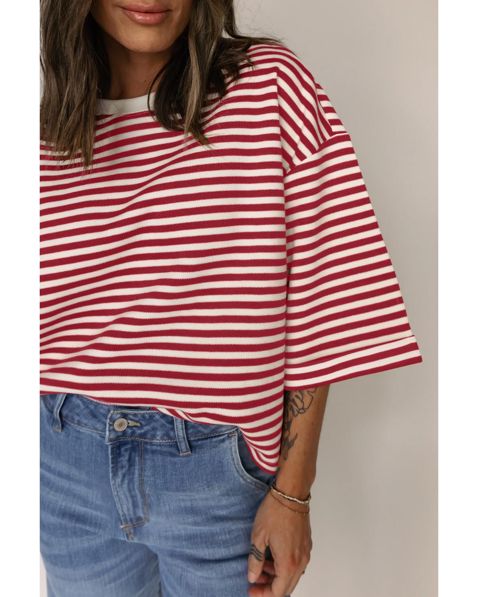 Red Stripe Bowknot Cutout Back Drop Shoulder Wide Bracelet Sleeve Loose Tee - XL