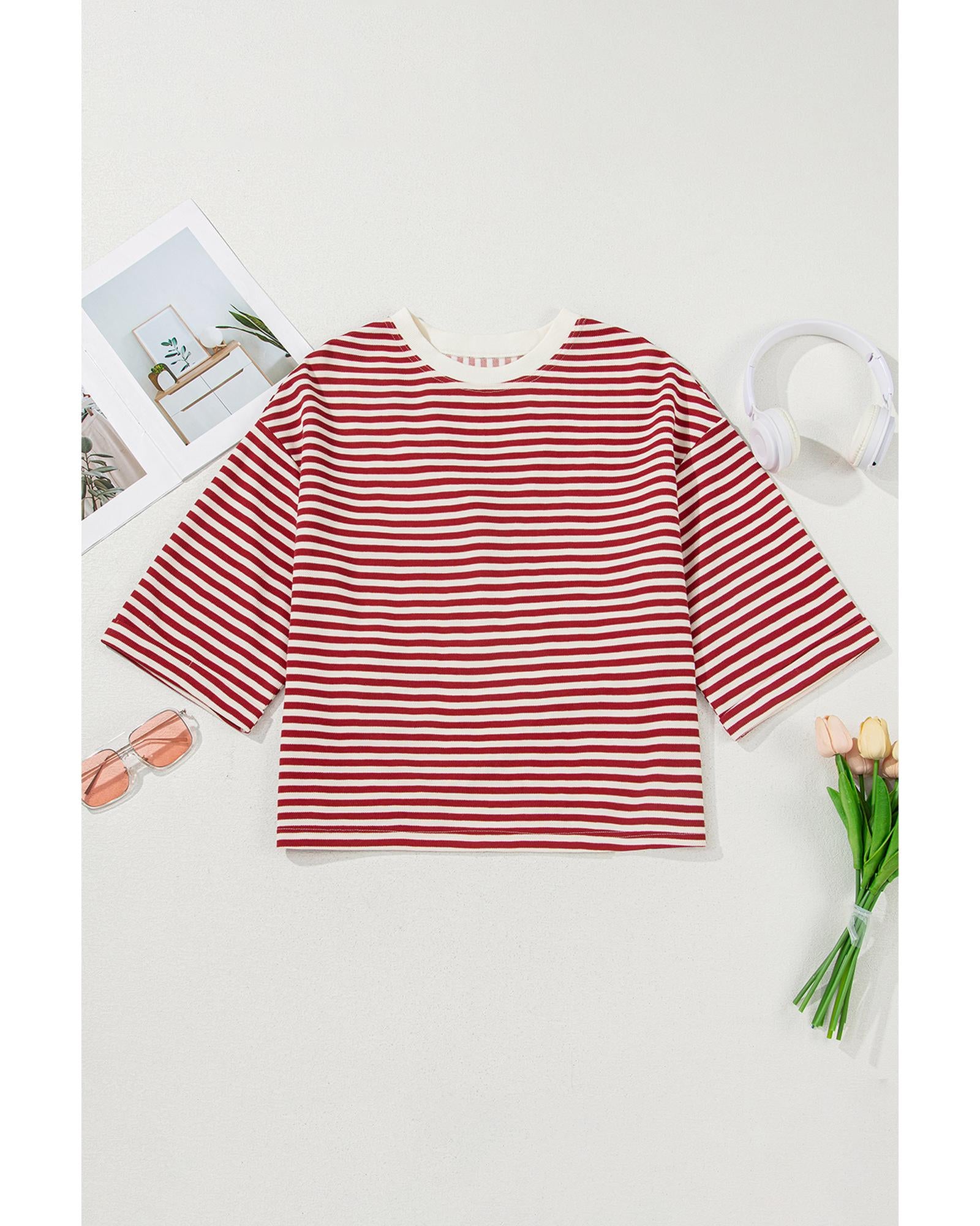 Red Stripe Bowknot Cutout Back Drop Shoulder Wide Bracelet Sleeve Loose Tee - XL