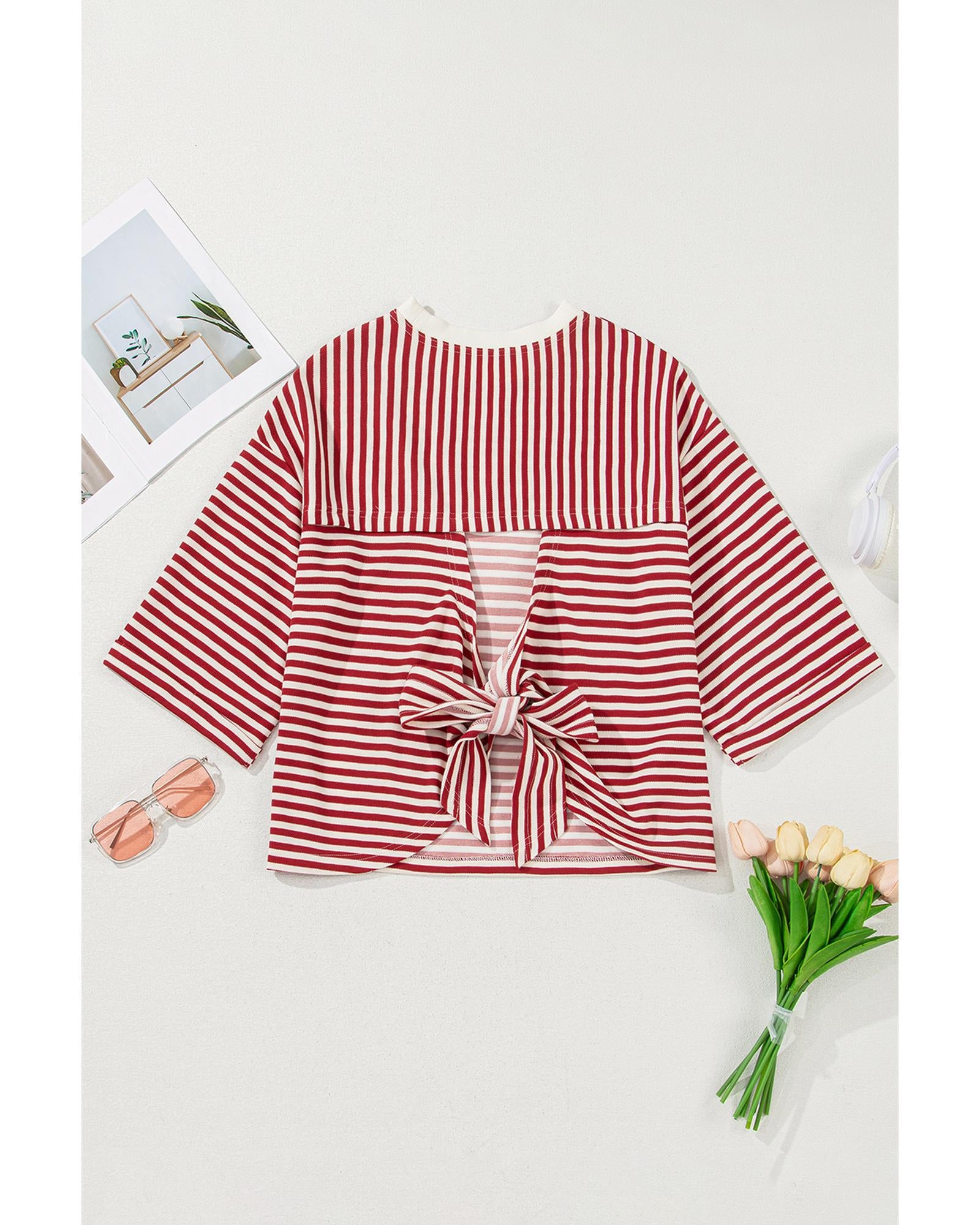 Red Stripe Bowknot Cutout Back Drop Shoulder Wide Bracelet Sleeve Loose Tee - XL