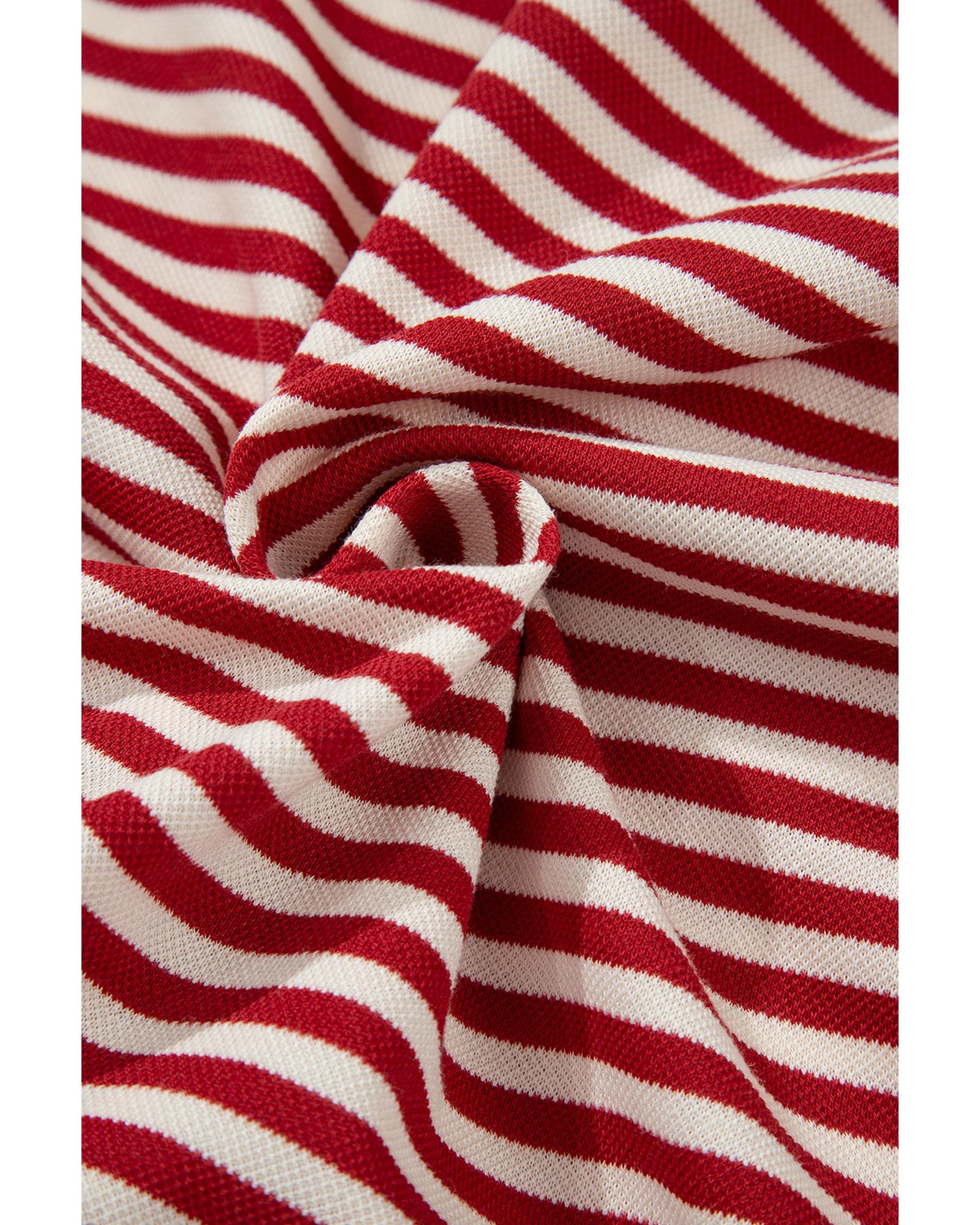 Red Stripe Bowknot Cutout Back Drop Shoulder Wide Bracelet Sleeve Loose Tee - XL