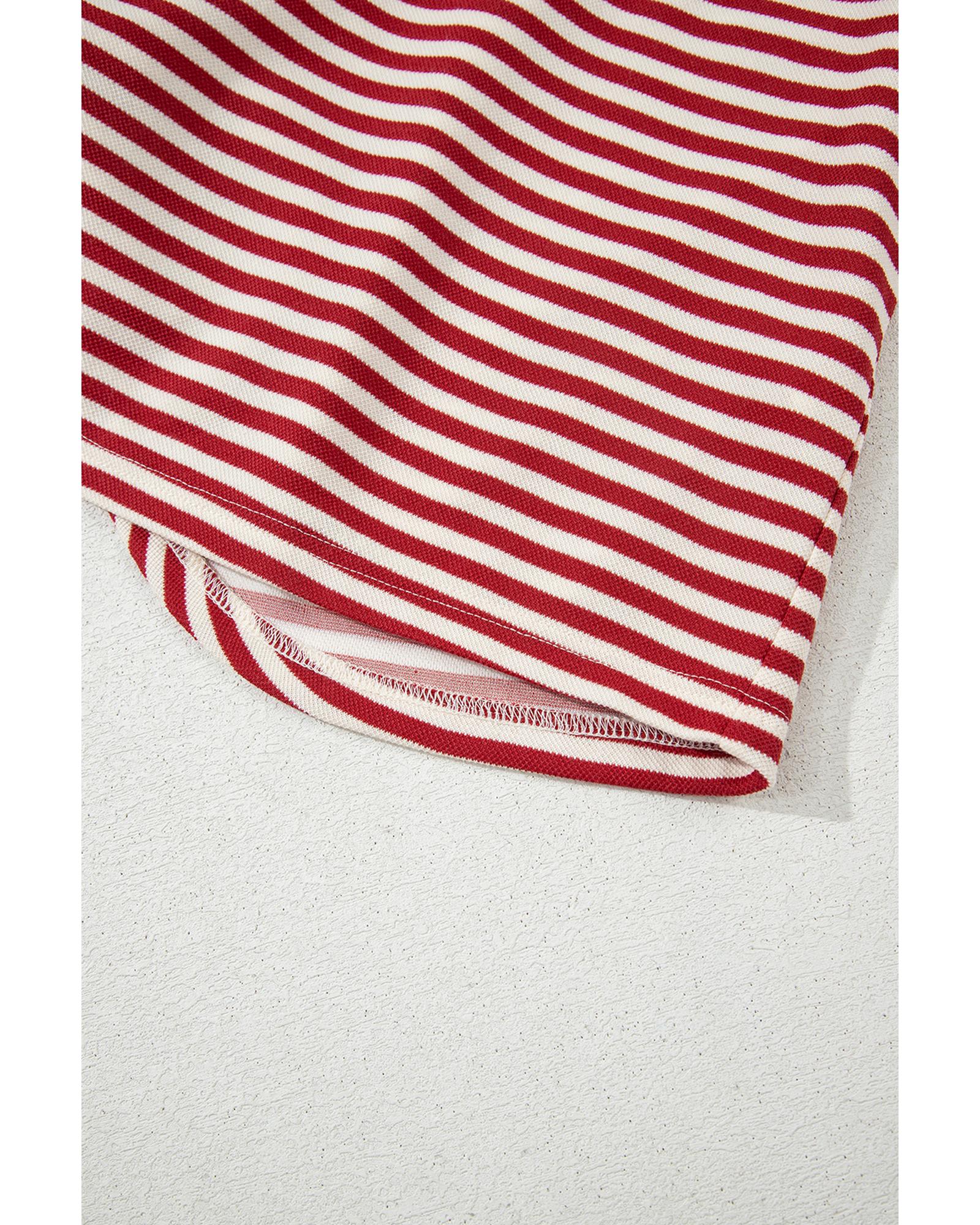 Red Stripe Bowknot Cutout Back Drop Shoulder Wide Bracelet Sleeve Loose Tee - XL