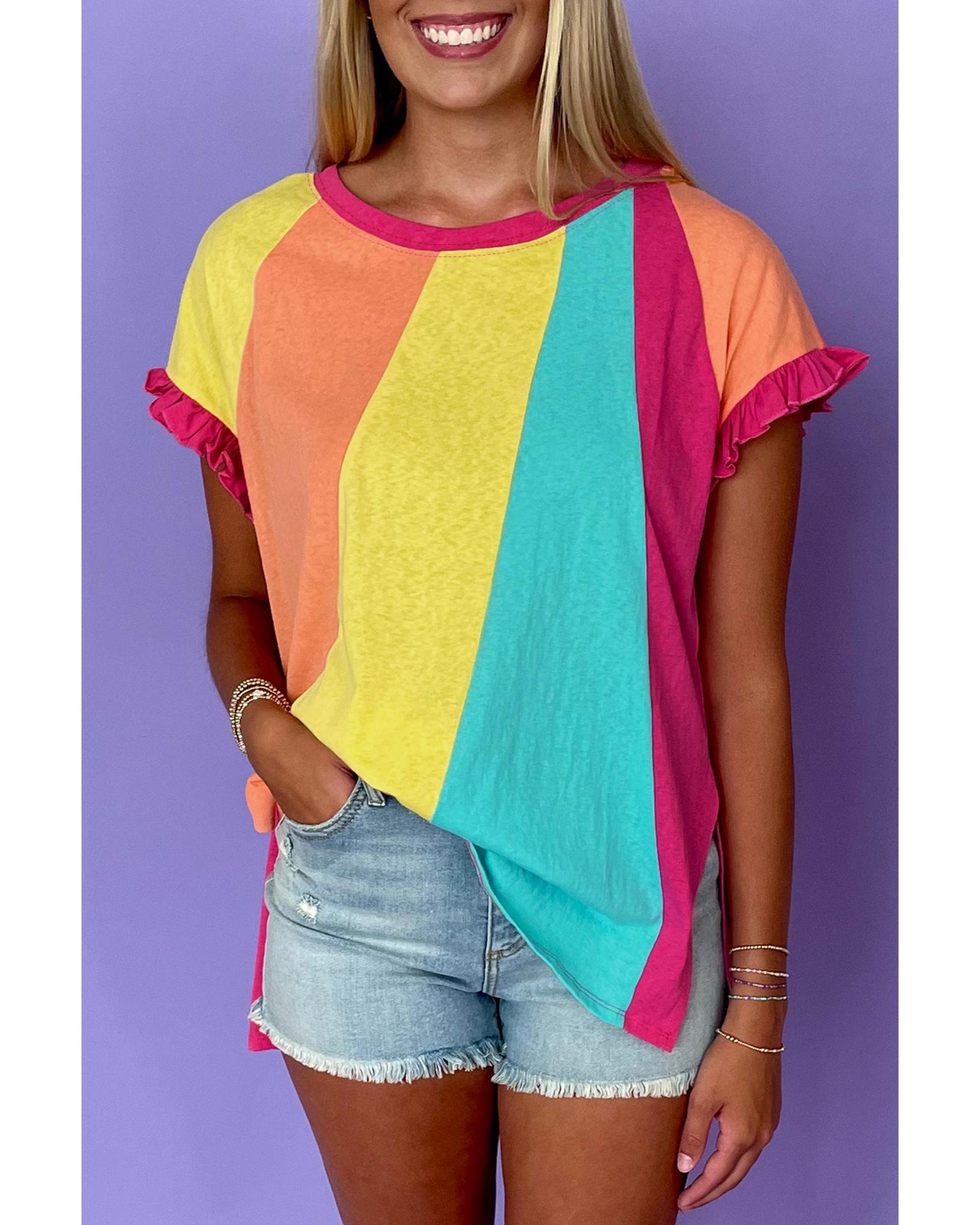 Rose Red Color Block Ruffled Crew Neck Loose Fit T Shirt - S