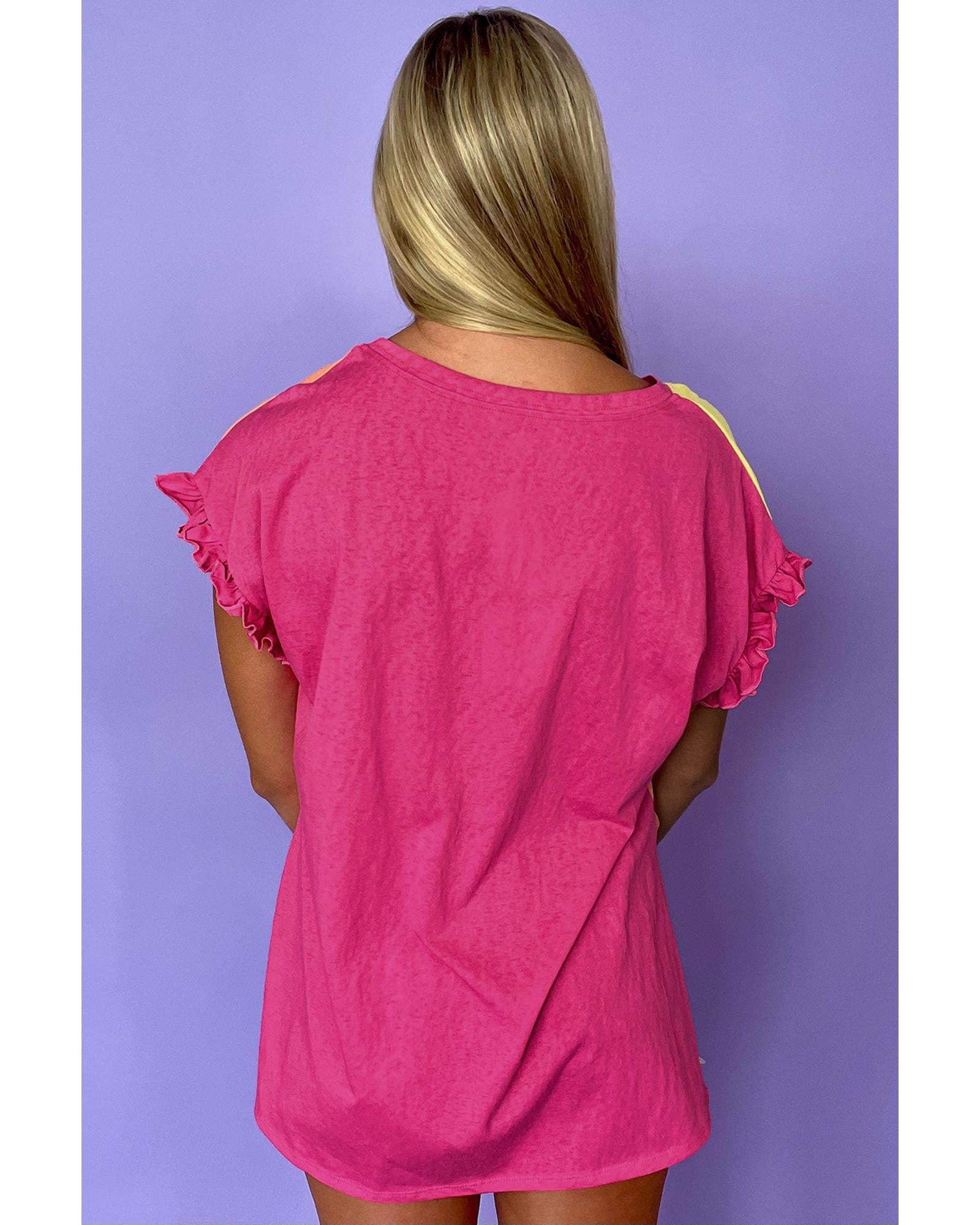 Rose Red Color Block Ruffled Crew Neck Loose Fit T Shirt - S