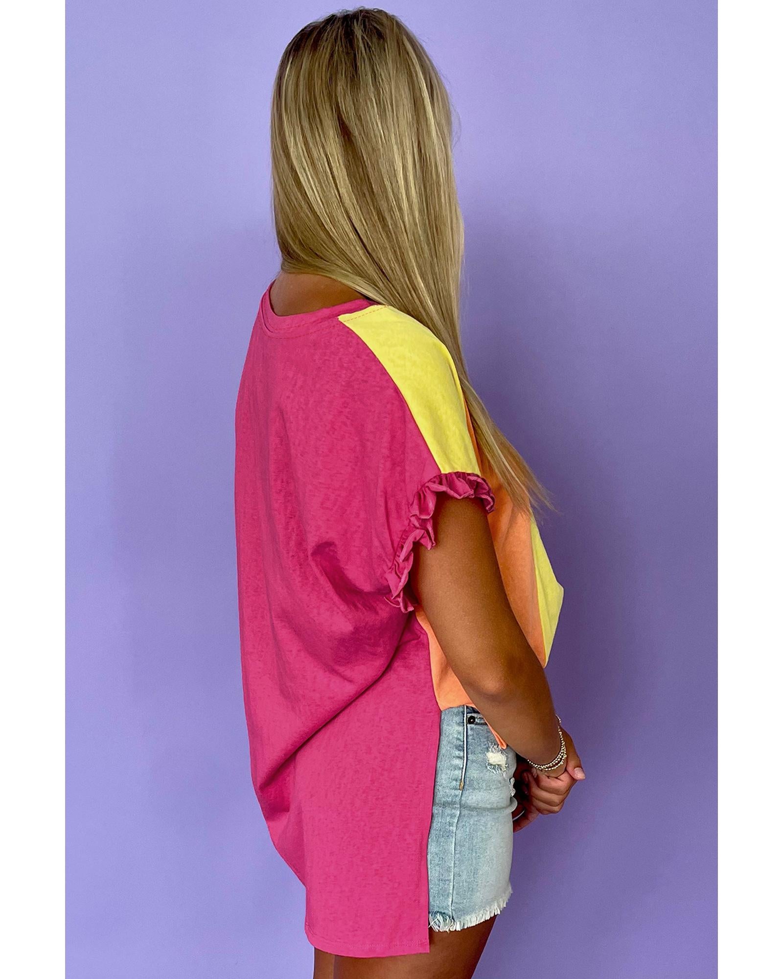 Rose Red Color Block Ruffled Crew Neck Loose Fit T Shirt - S