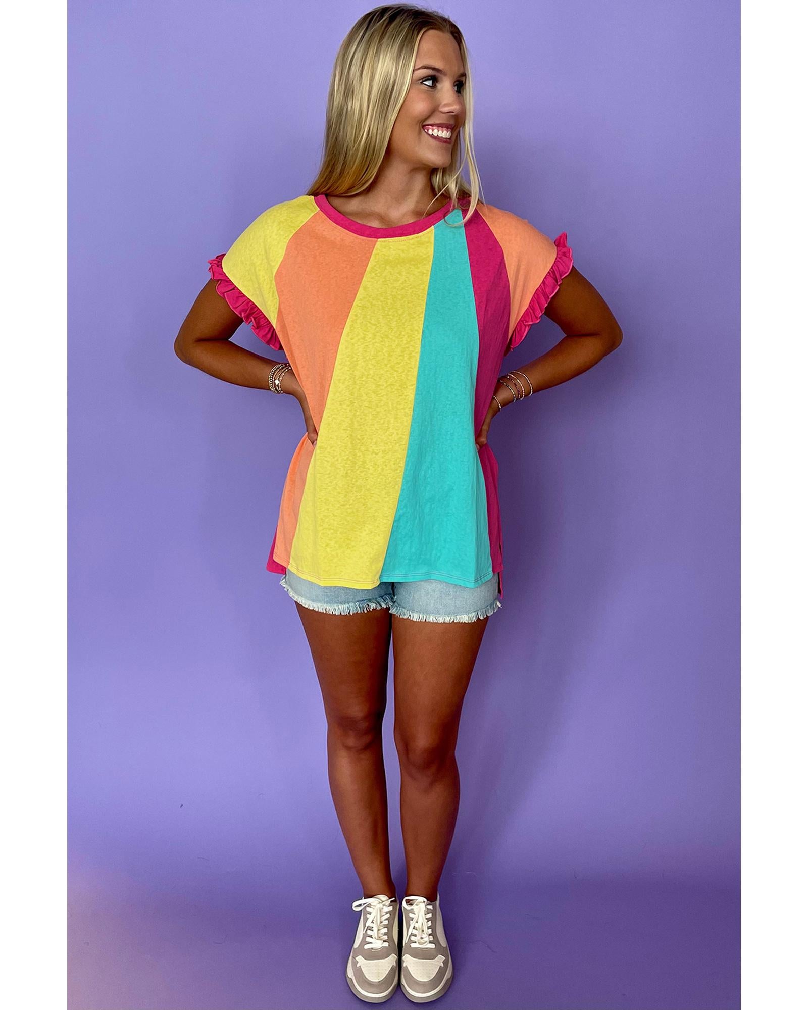 Rose Red Color Block Ruffled Crew Neck Loose Fit T Shirt - S