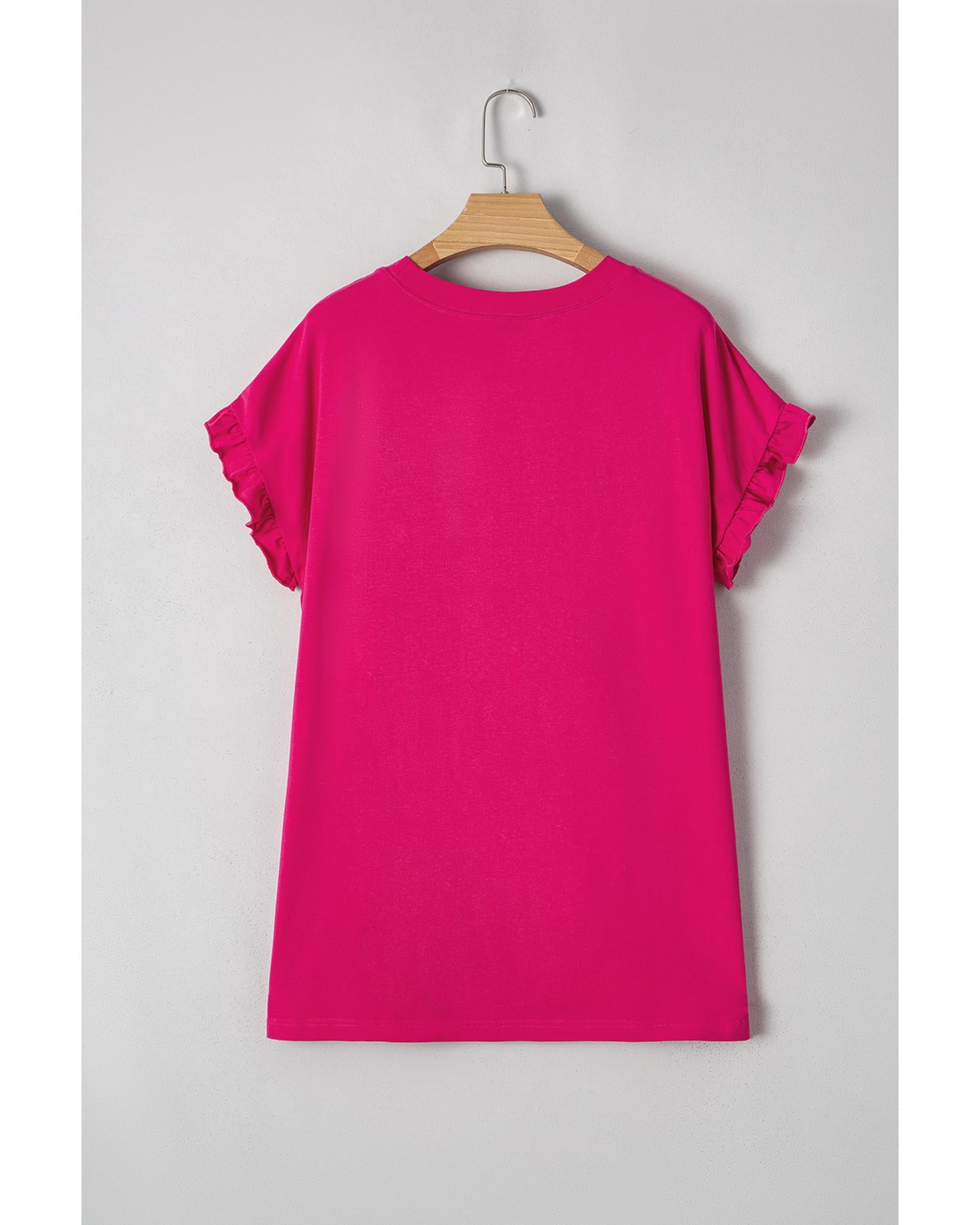 Rose Red Color Block Ruffled Crew Neck Loose Fit T Shirt - S