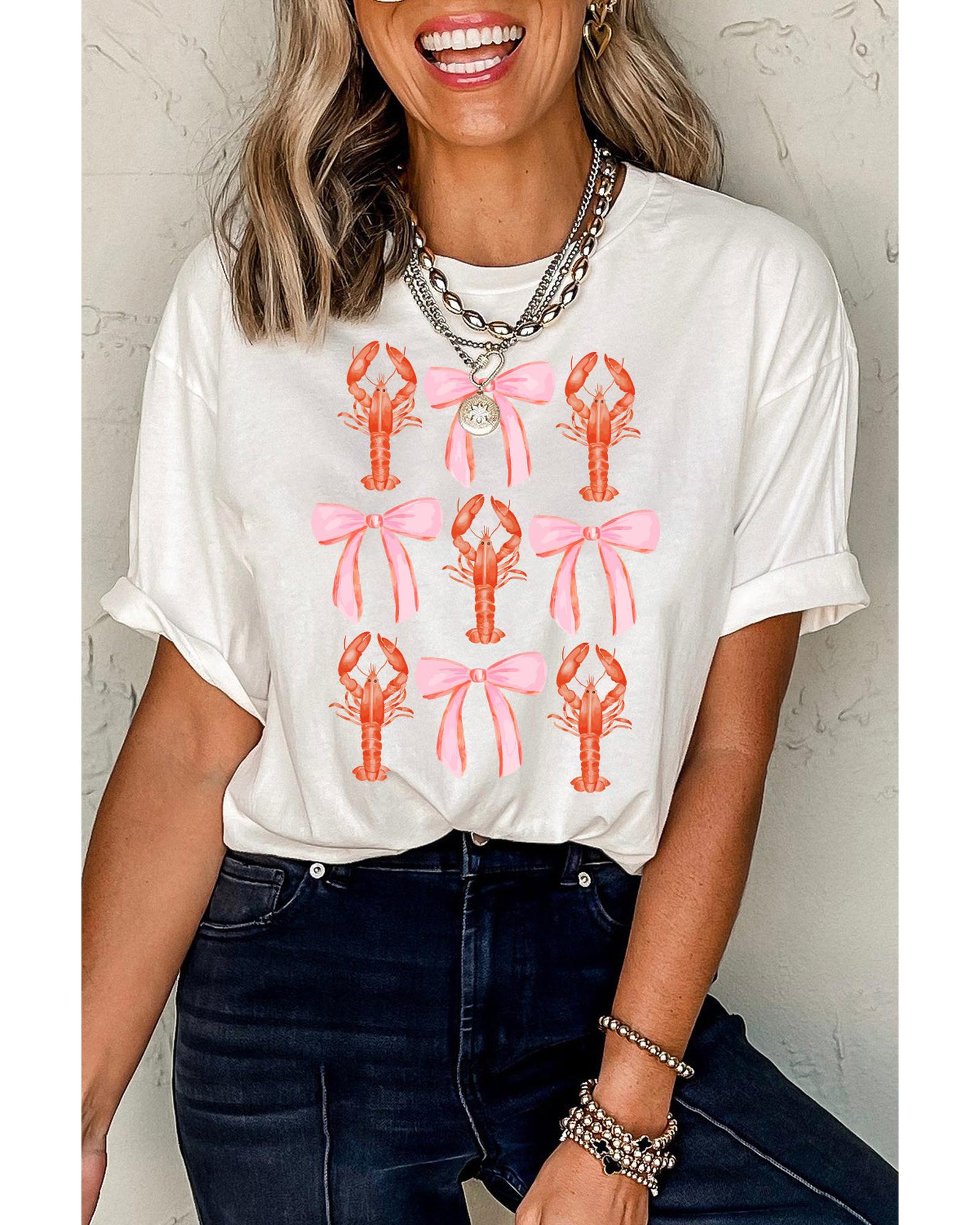 White Crawfish Bow Printed Summer T Shirt - M