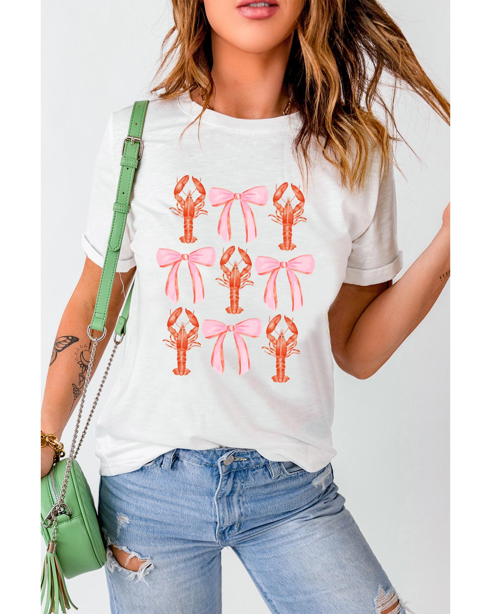 White Crawfish Bow Printed Summer T Shirt - M