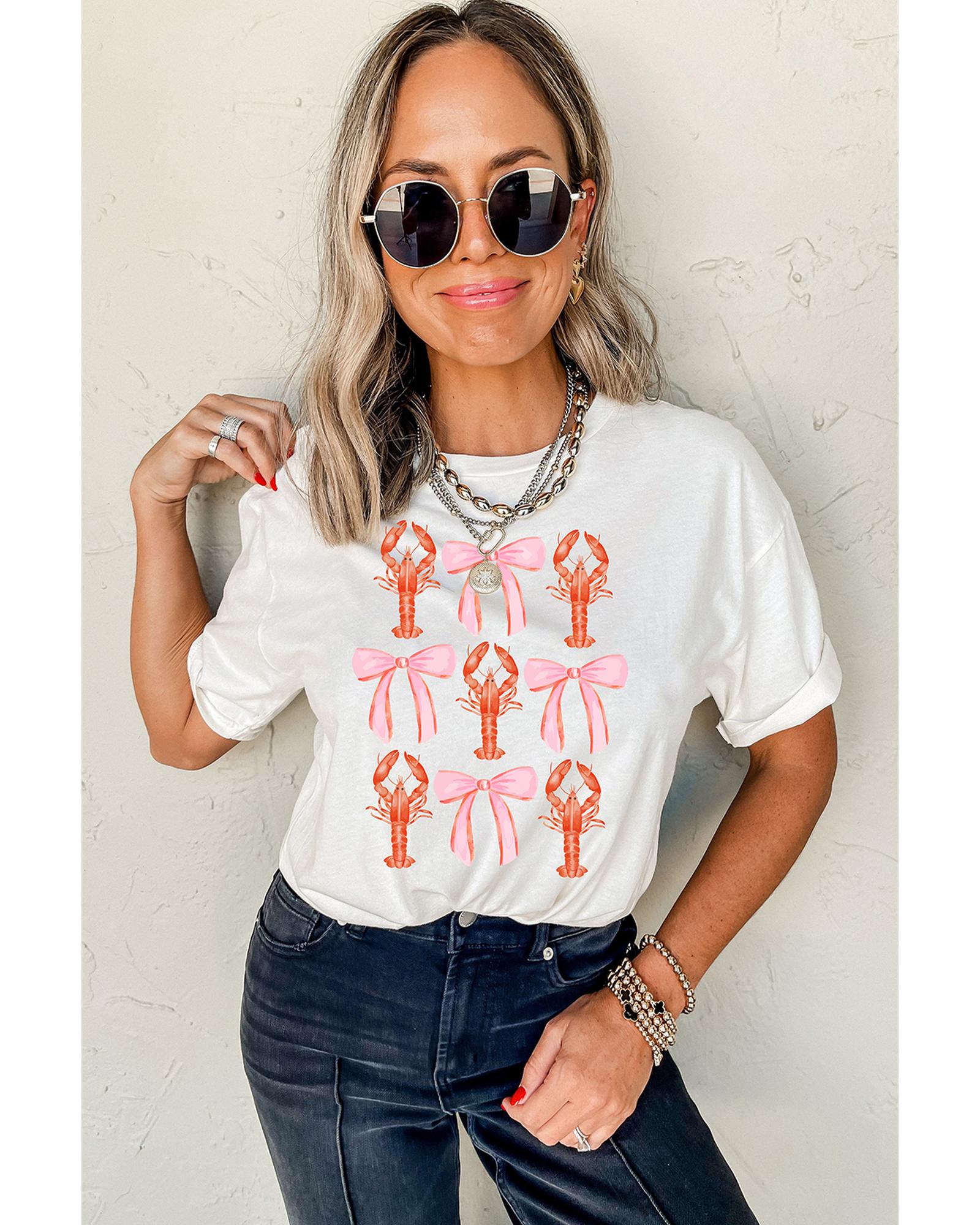 White Crawfish Bow Printed Summer T Shirt - XL