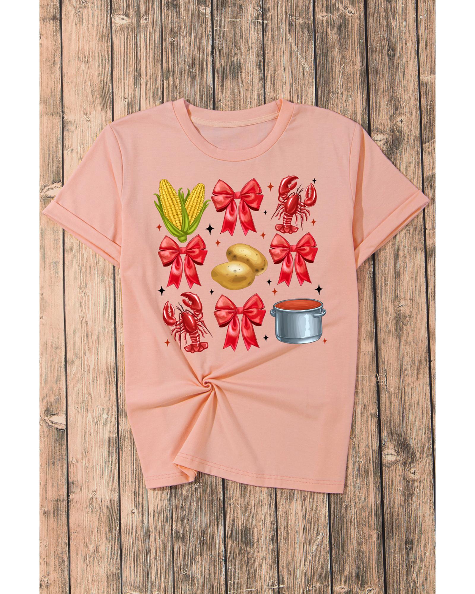 Pink Summer Food Bow Crawfish Printed T Shirt - 2XL