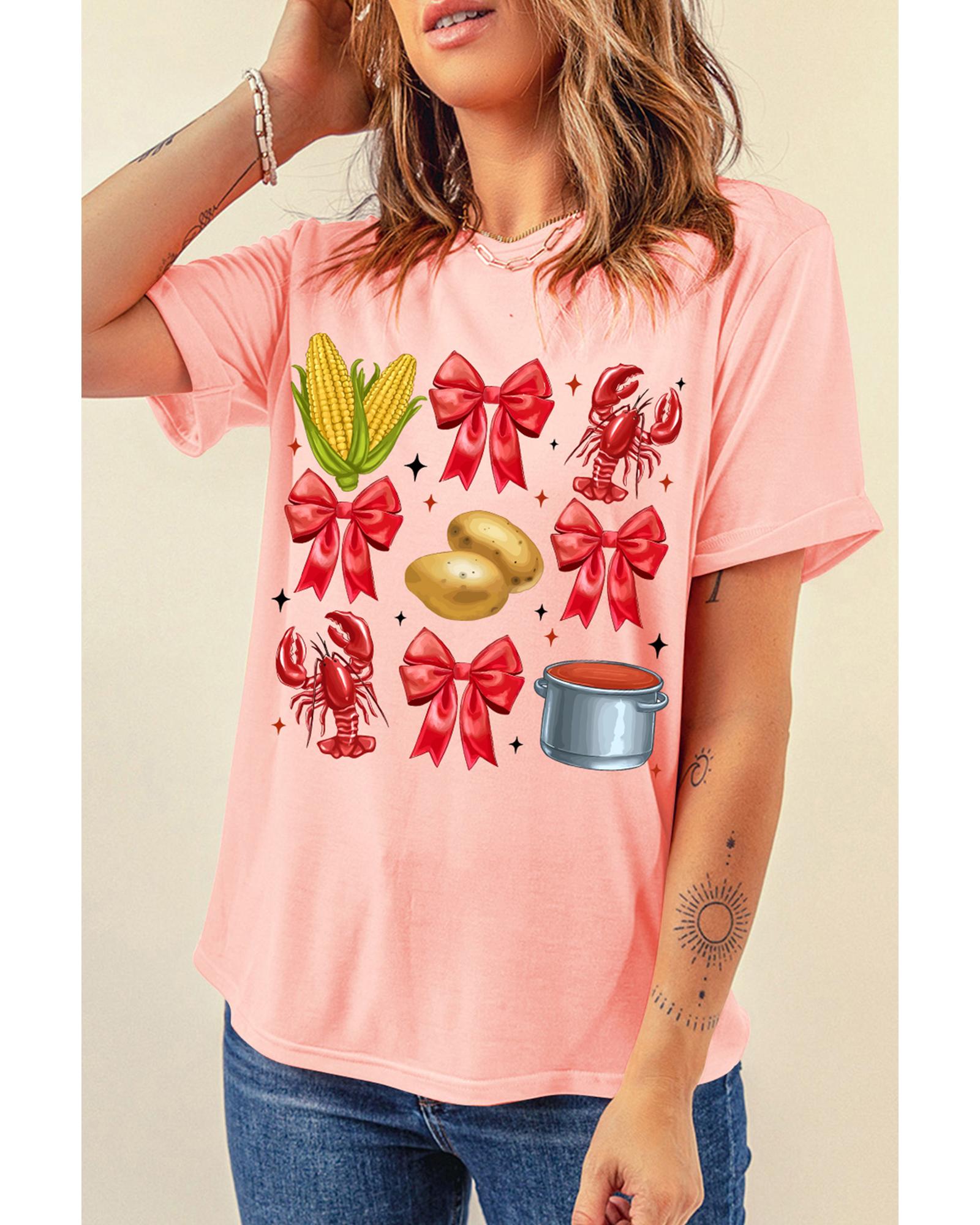 Pink Summer Food Bow Crawfish Printed T Shirt - M