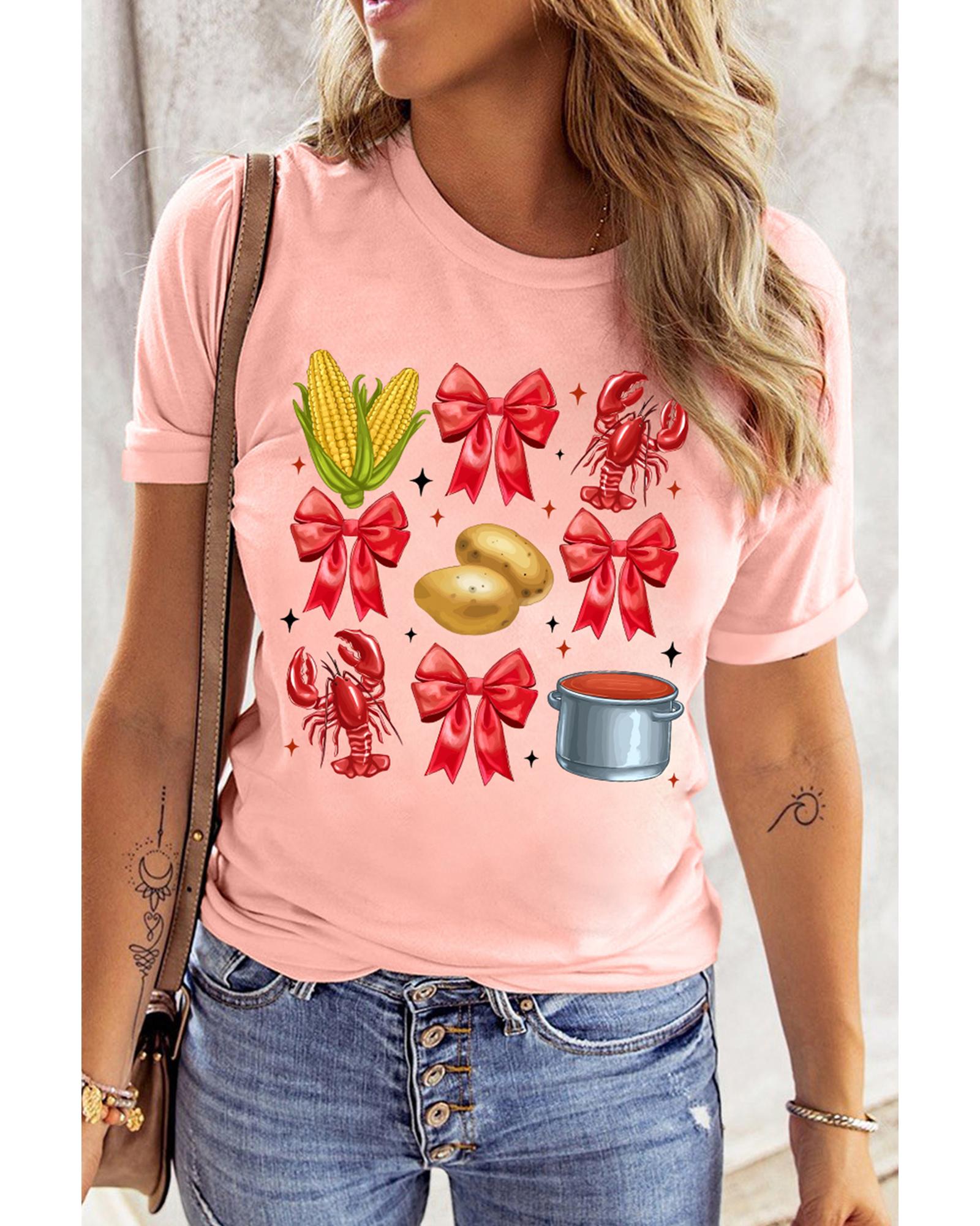 Pink Summer Food Bow Crawfish Printed T Shirt - S