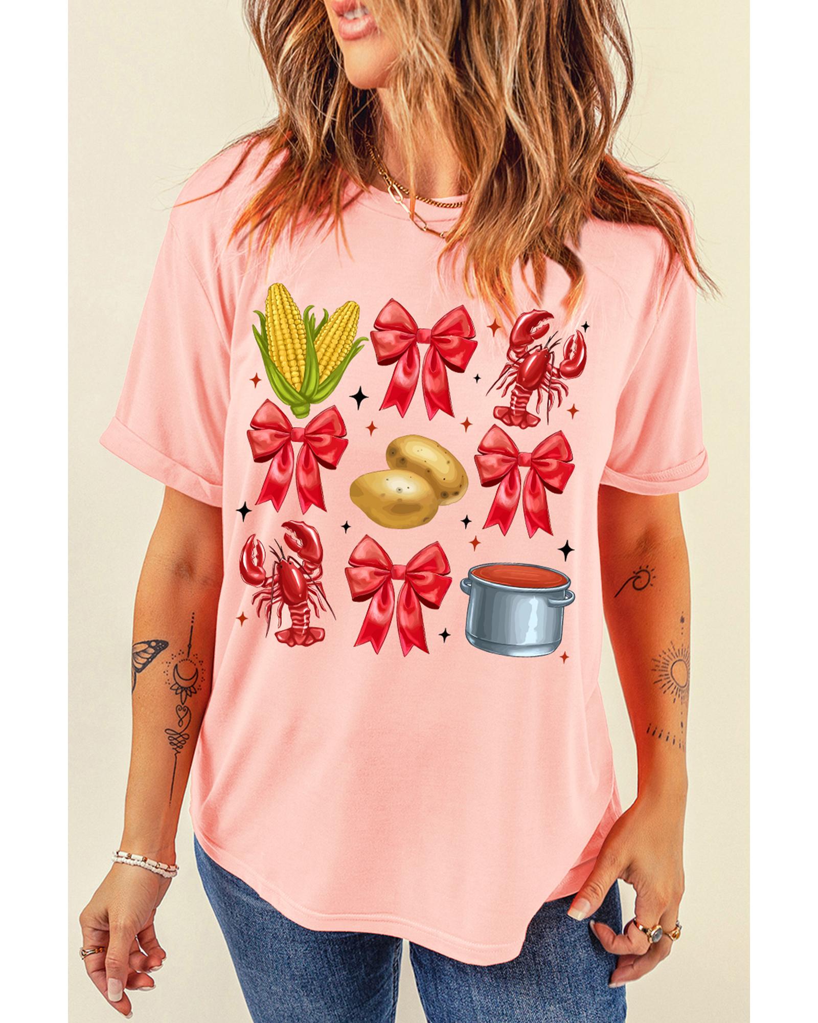 Pink Summer Food Bow Crawfish Printed T Shirt - XL