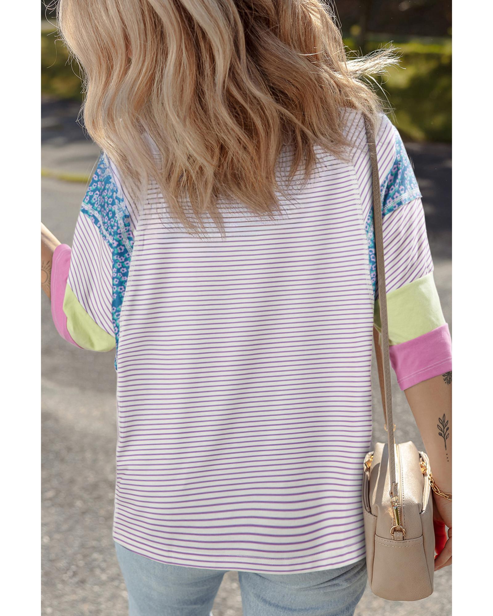 Purple Stripe Floral Color Block Raw Edge Patchwork Bracelet Sleeve Blouse - M