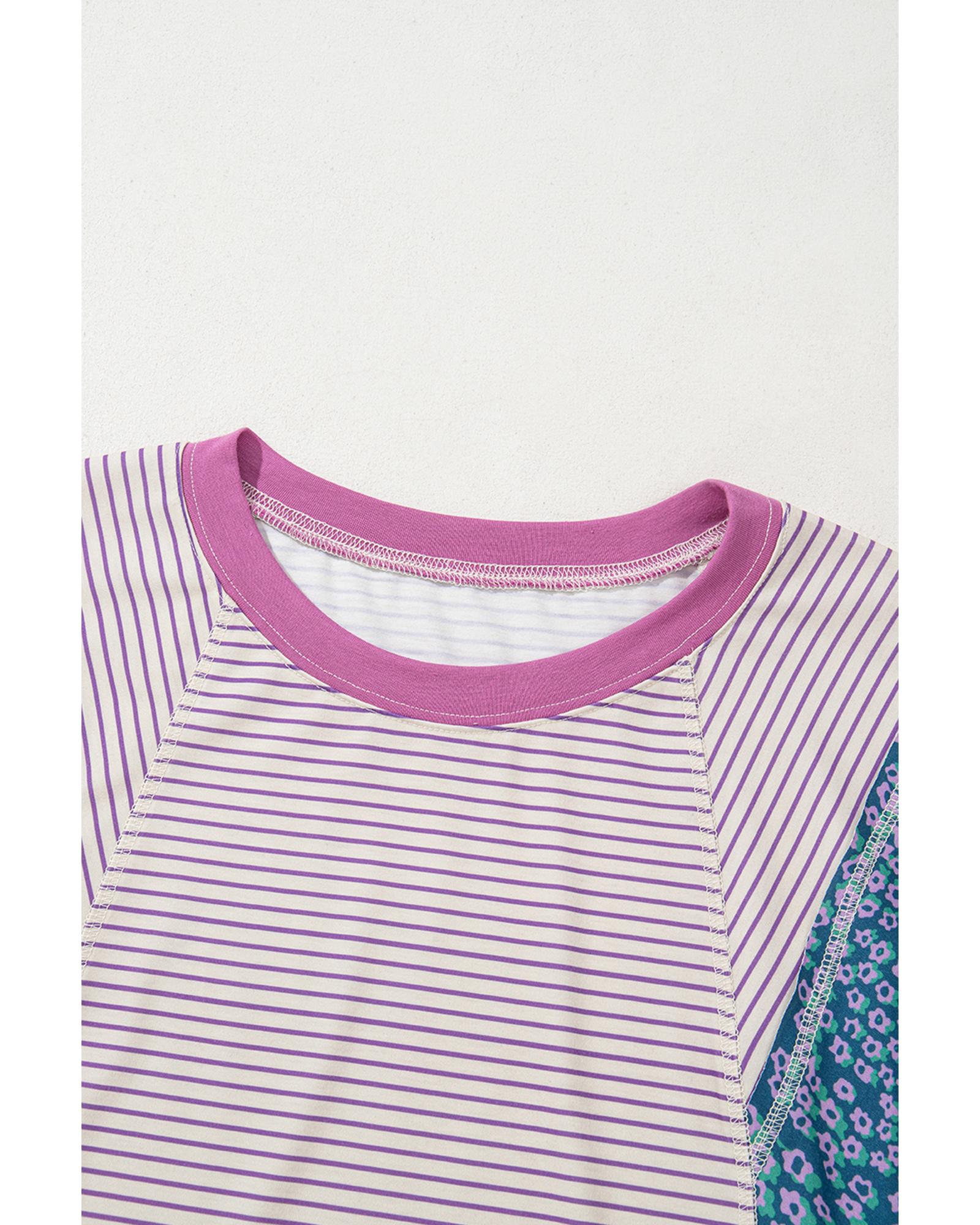Purple Stripe Floral Color Block Raw Edge Patchwork Bracelet Sleeve Blouse - M