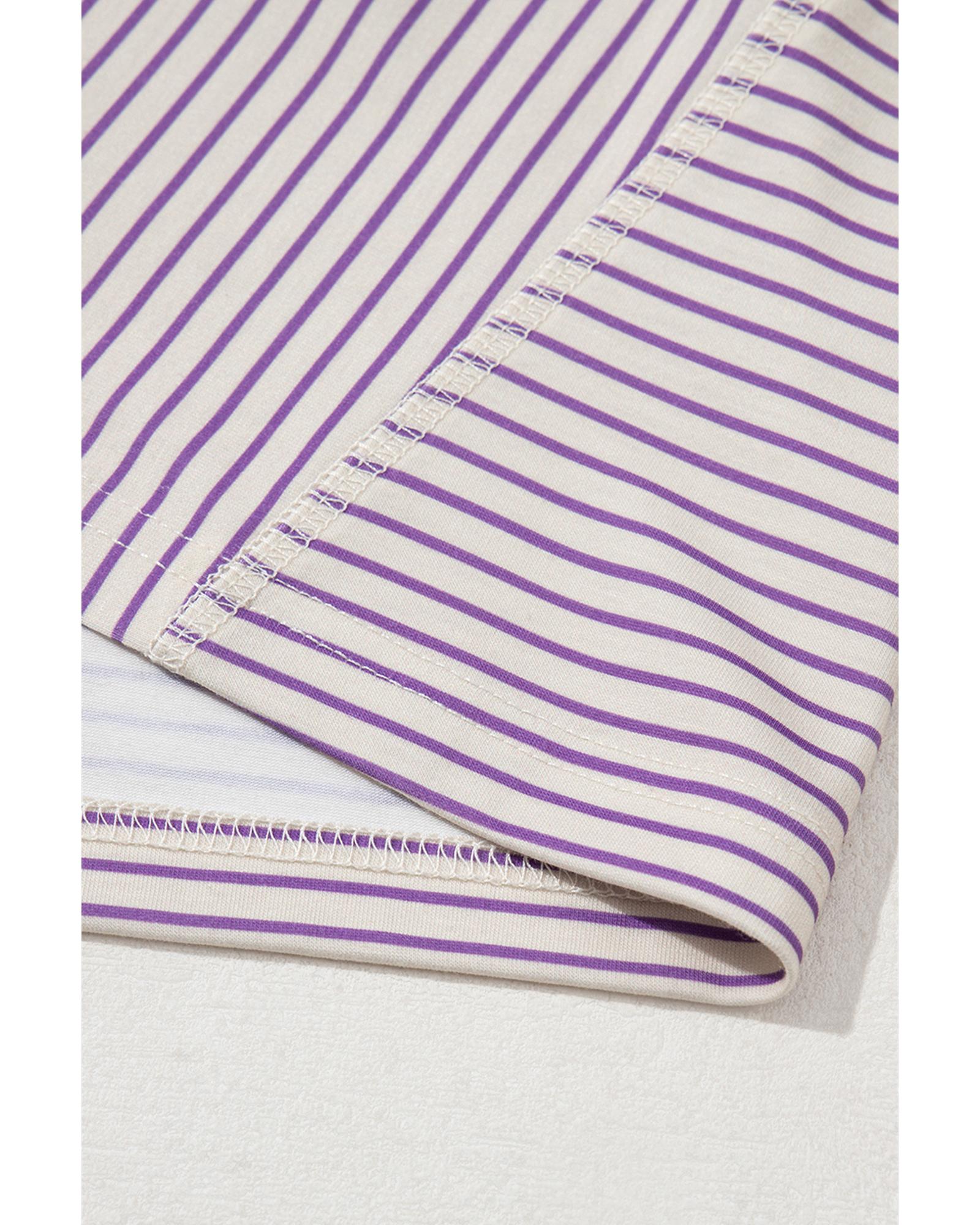 Purple Stripe Floral Color Block Raw Edge Patchwork Bracelet Sleeve Blouse - M