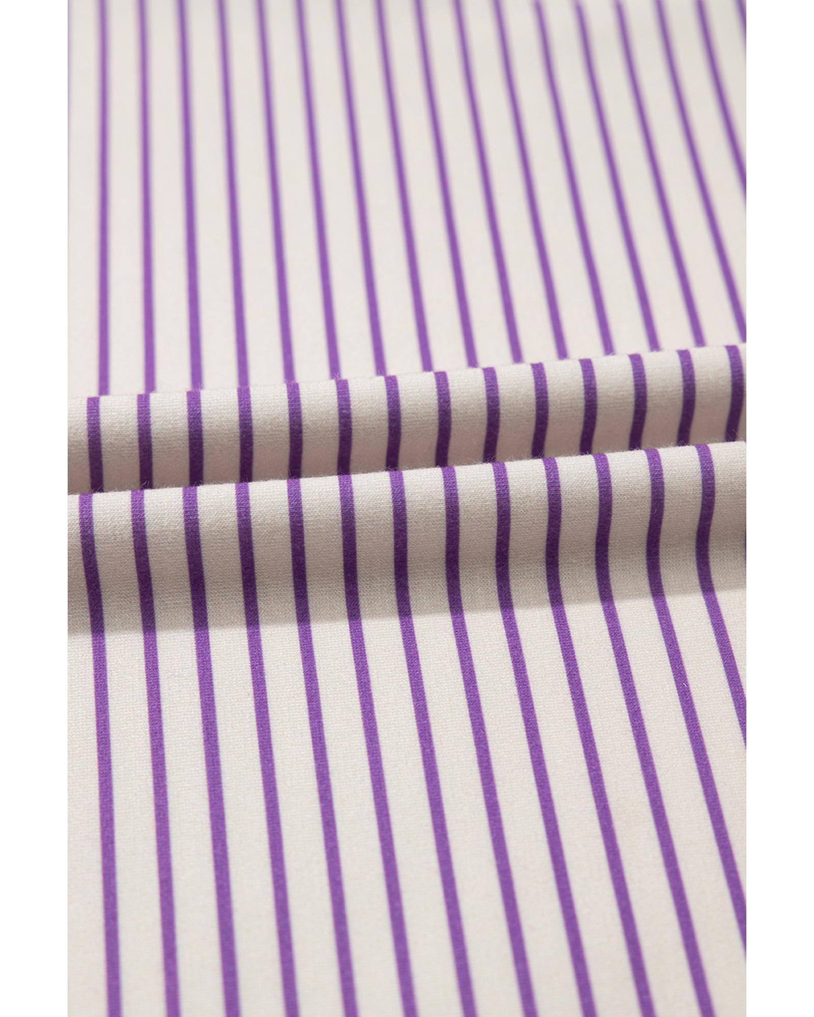 Purple Stripe Floral Color Block Raw Edge Patchwork Bracelet Sleeve Blouse - M