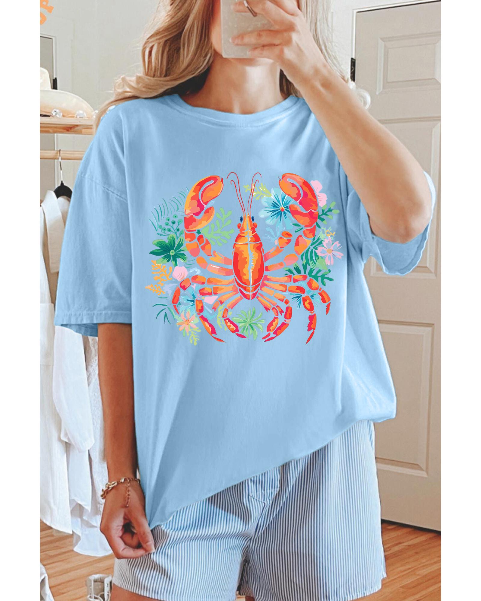 Light Blue Floral Summer Lobster Graphic Tee - L