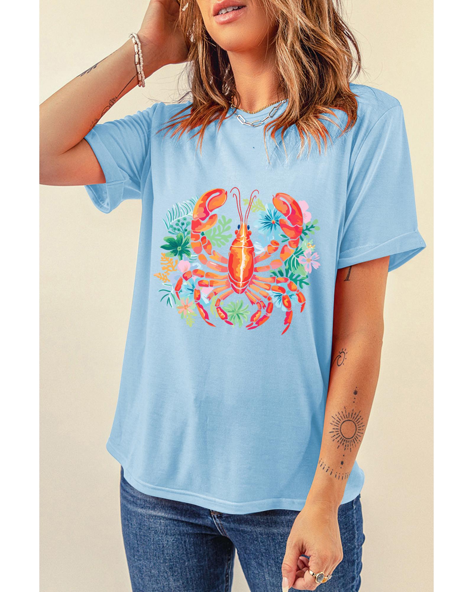 Light Blue Floral Summer Lobster Graphic Tee - L