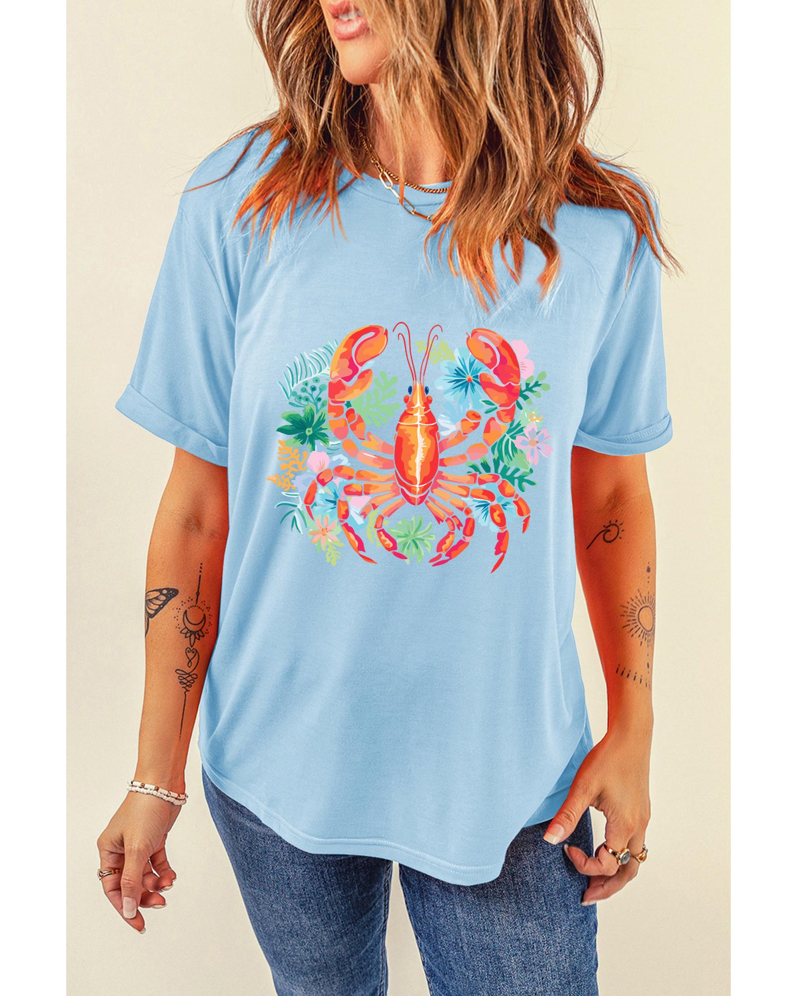 Light Blue Floral Summer Lobster Graphic Tee - L
