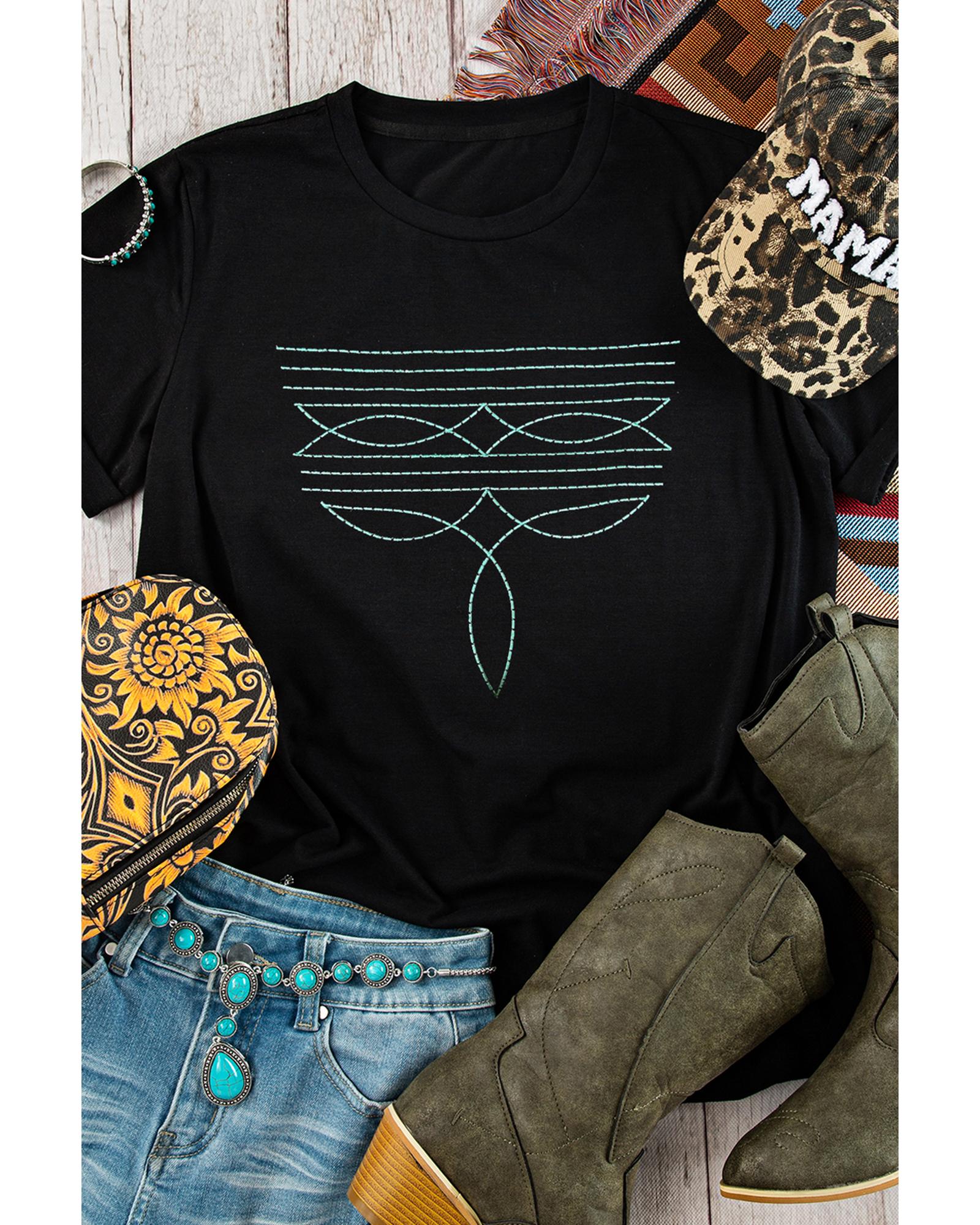 Black Western Fashion Geometric Embroidered T Shirt - 2XL