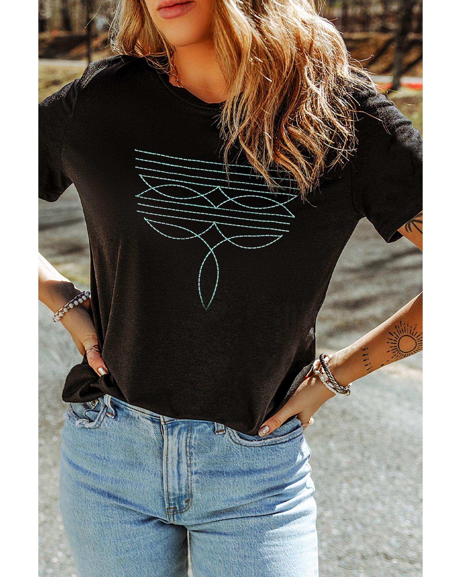 Black Western Fashion Geometric Embroidered T Shirt - 2XL