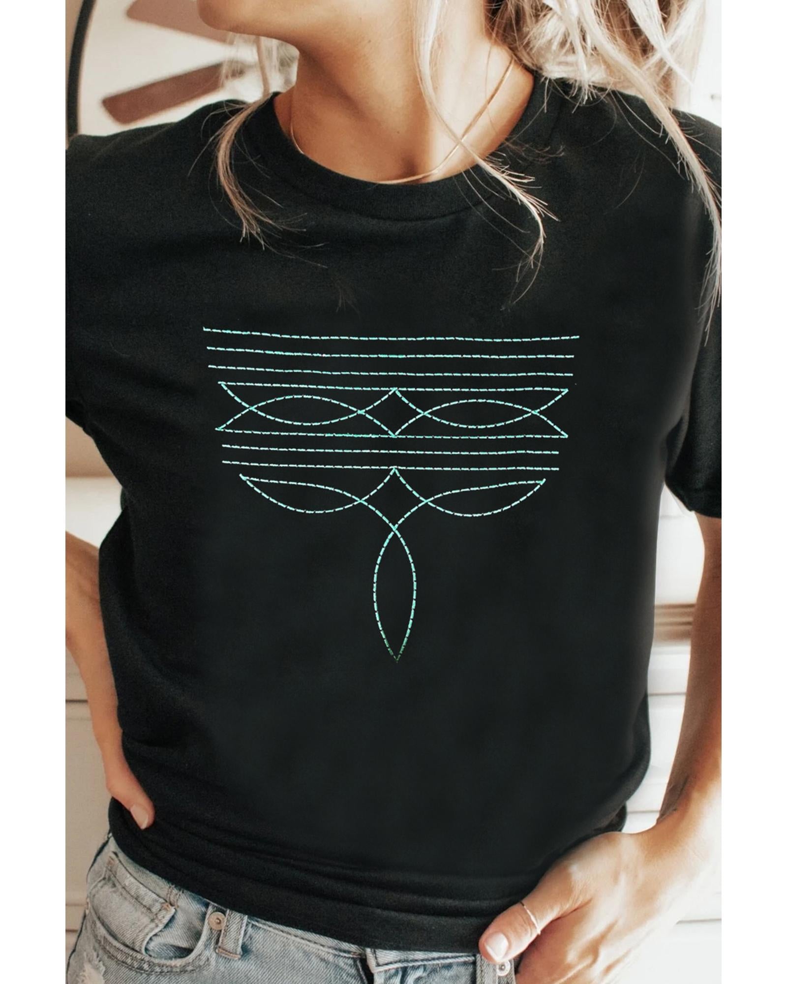 Black Western Fashion Geometric Embroidered T Shirt - M