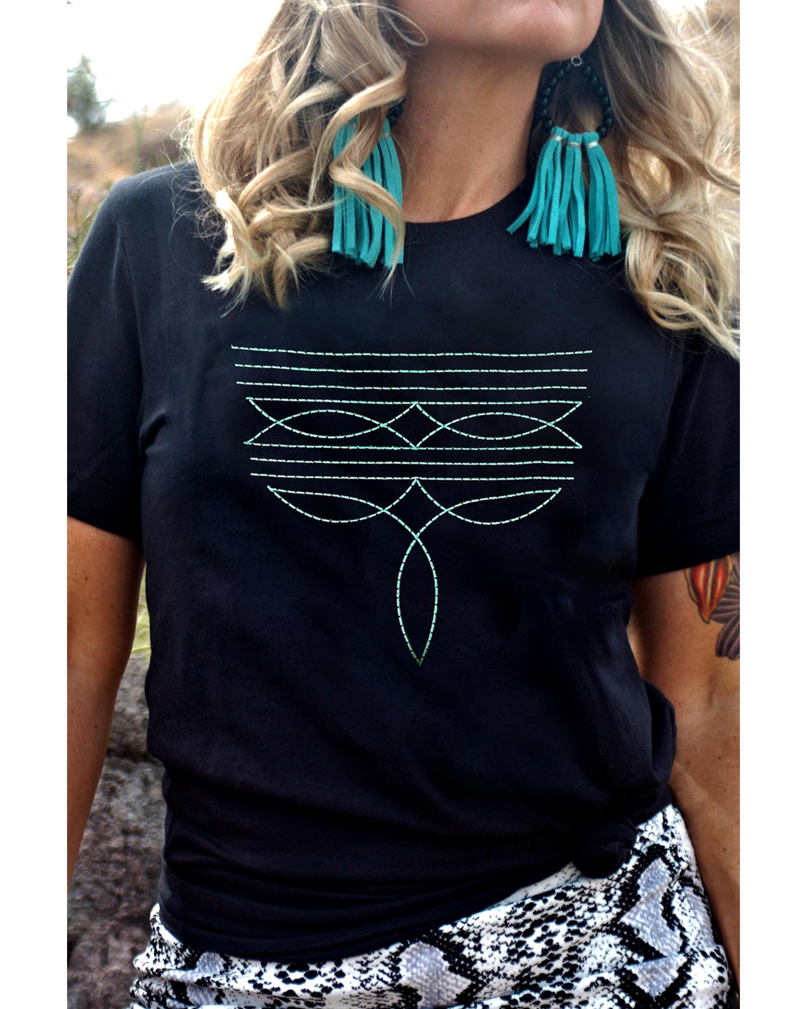 Black Western Fashion Geometric Embroidered T Shirt - S