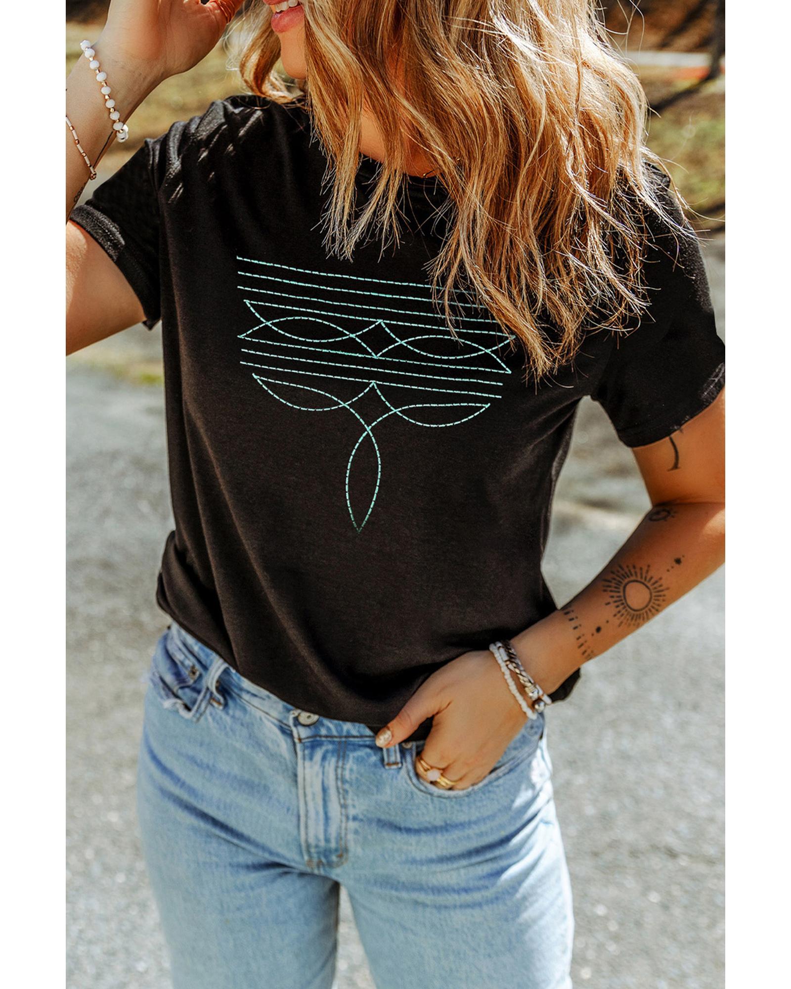 Black Western Fashion Geometric Embroidered T Shirt - S