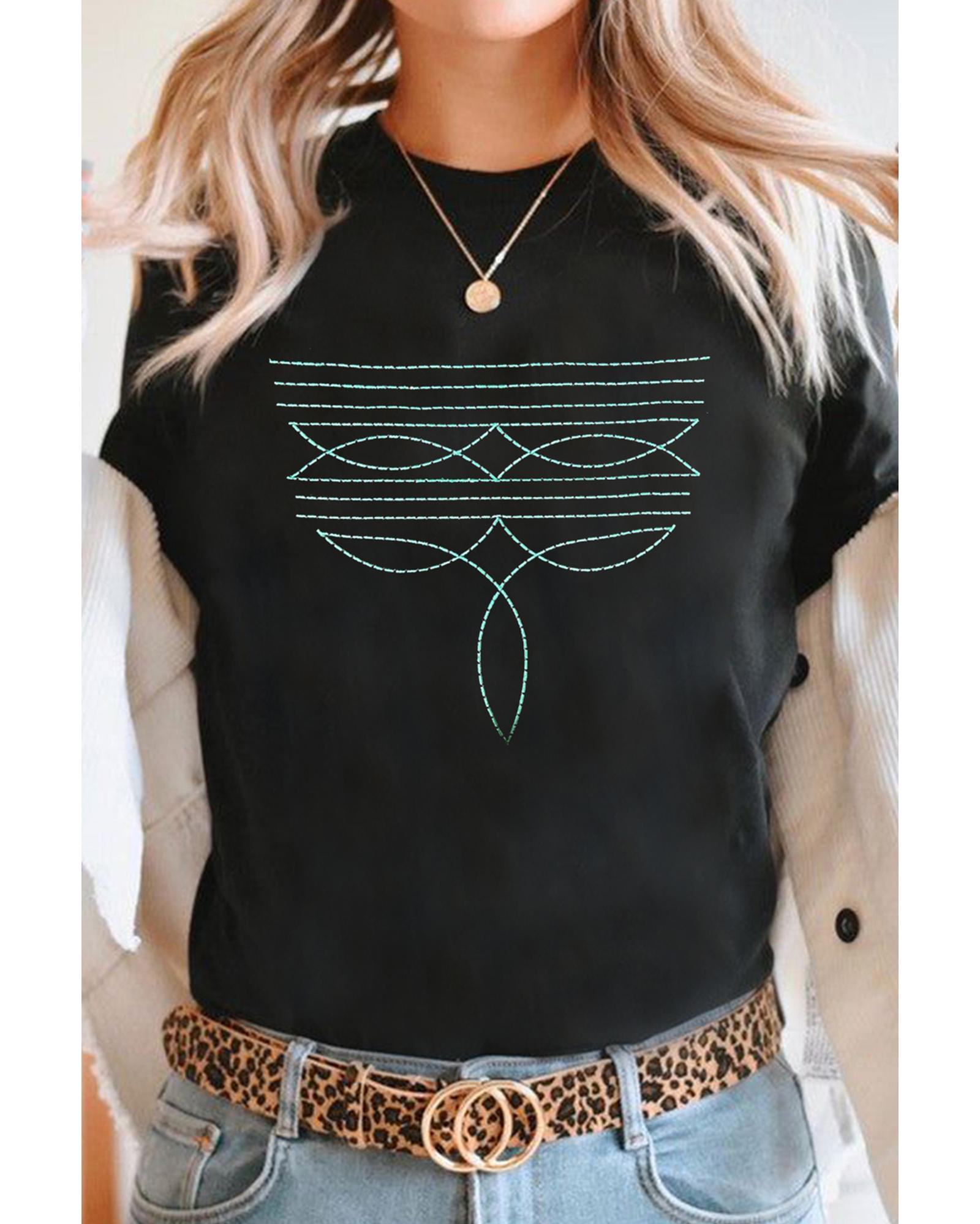 Black Western Fashion Geometric Embroidered T Shirt - XL