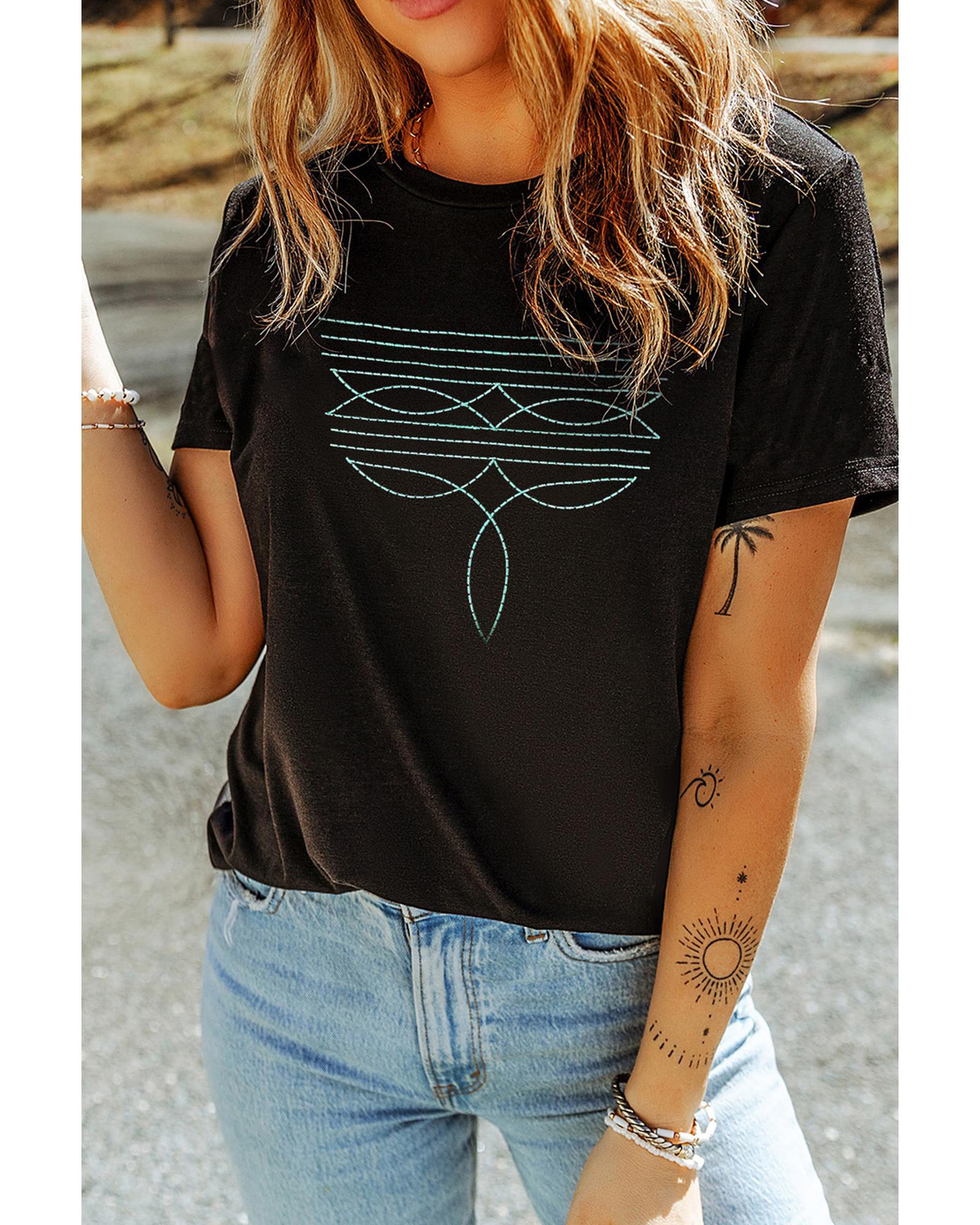 Black Western Fashion Geometric Embroidered T Shirt - XL