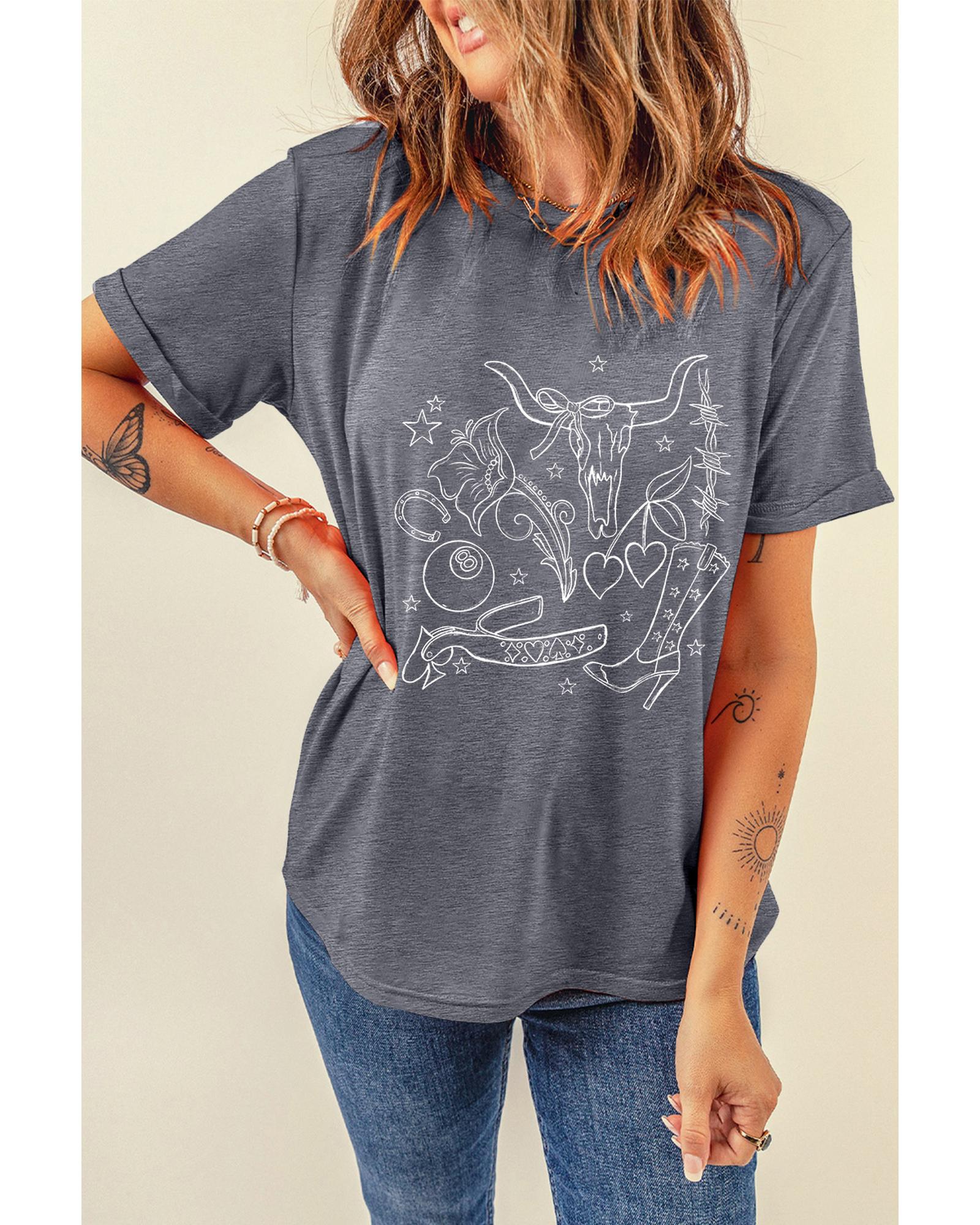Gray Cowgirl Boots OX Head Western Fashion Print Crewneck Tee - S