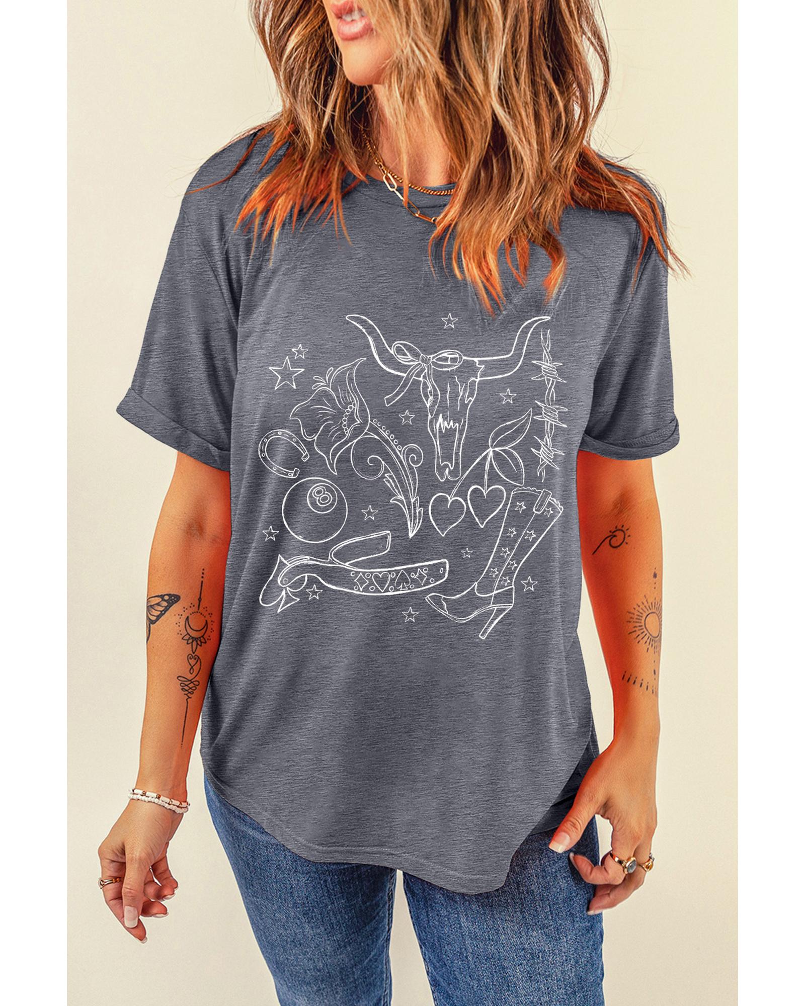 Gray Cowgirl Boots OX Head Western Fashion Print Crewneck Tee - S
