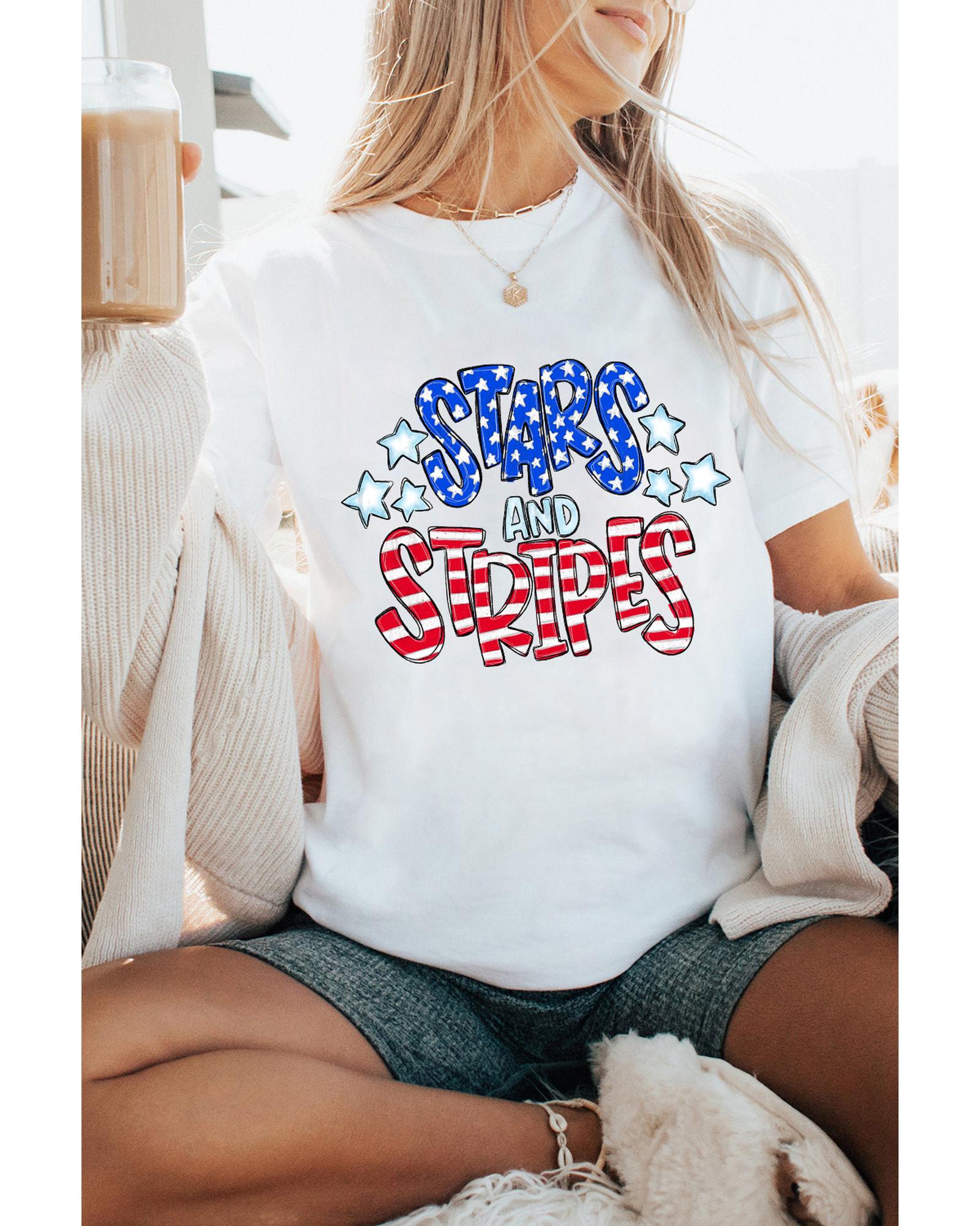 White Stars and Stripes Round Neck Graphic T Shirt - 3XL