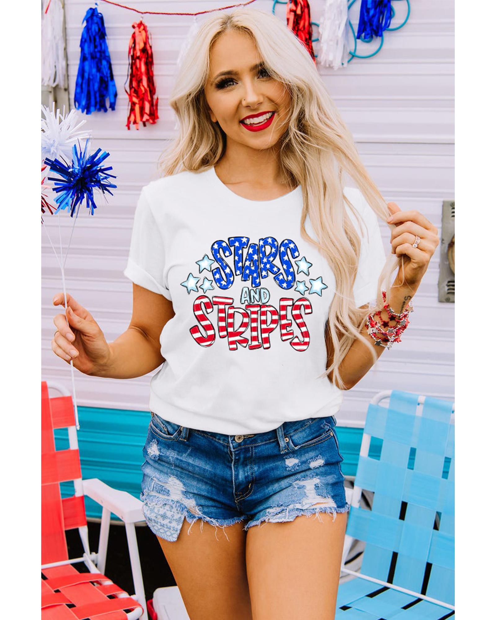 White Stars and Stripes Round Neck Graphic T Shirt - 3XL