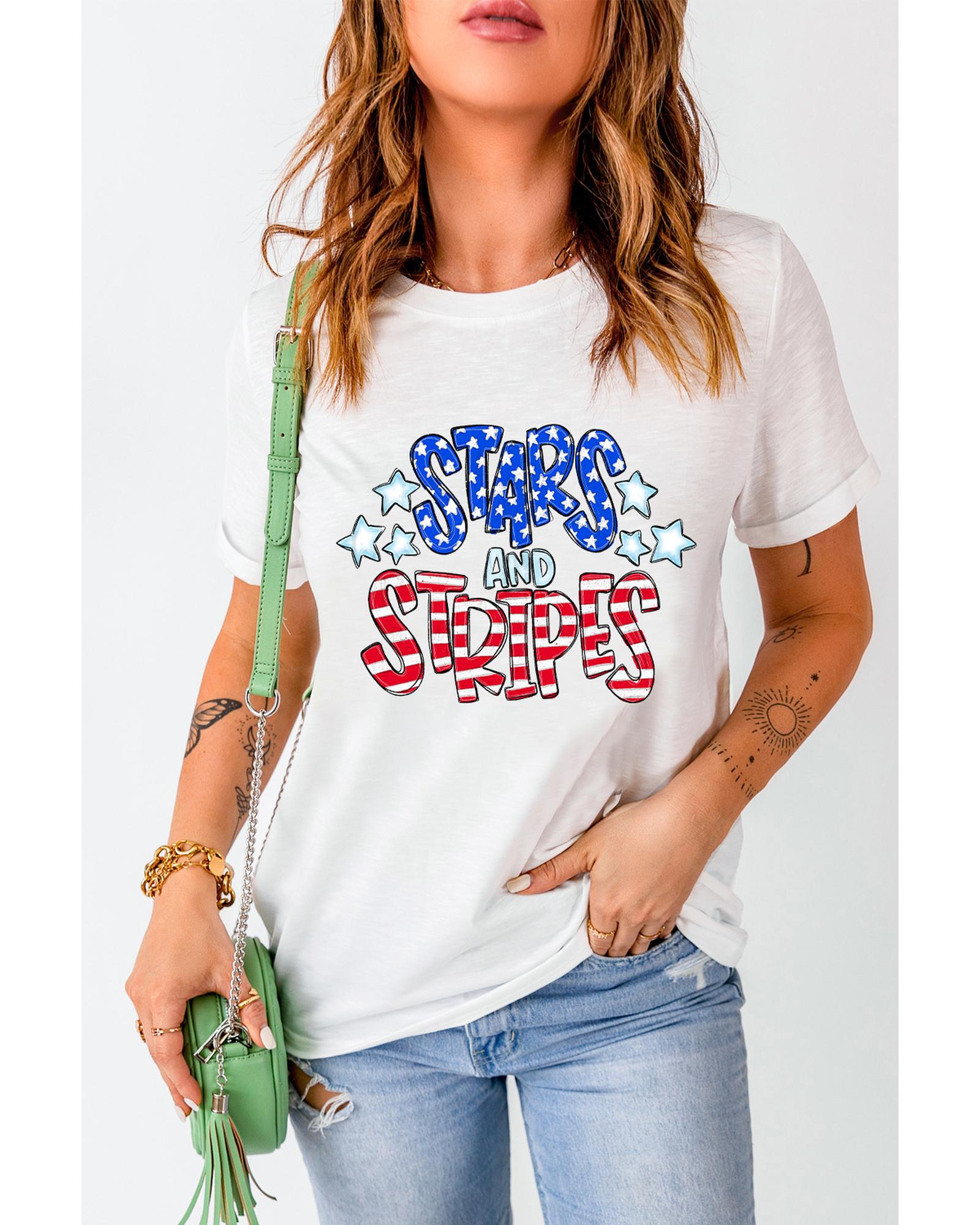 White Stars and Stripes Round Neck Graphic T Shirt - 3XL