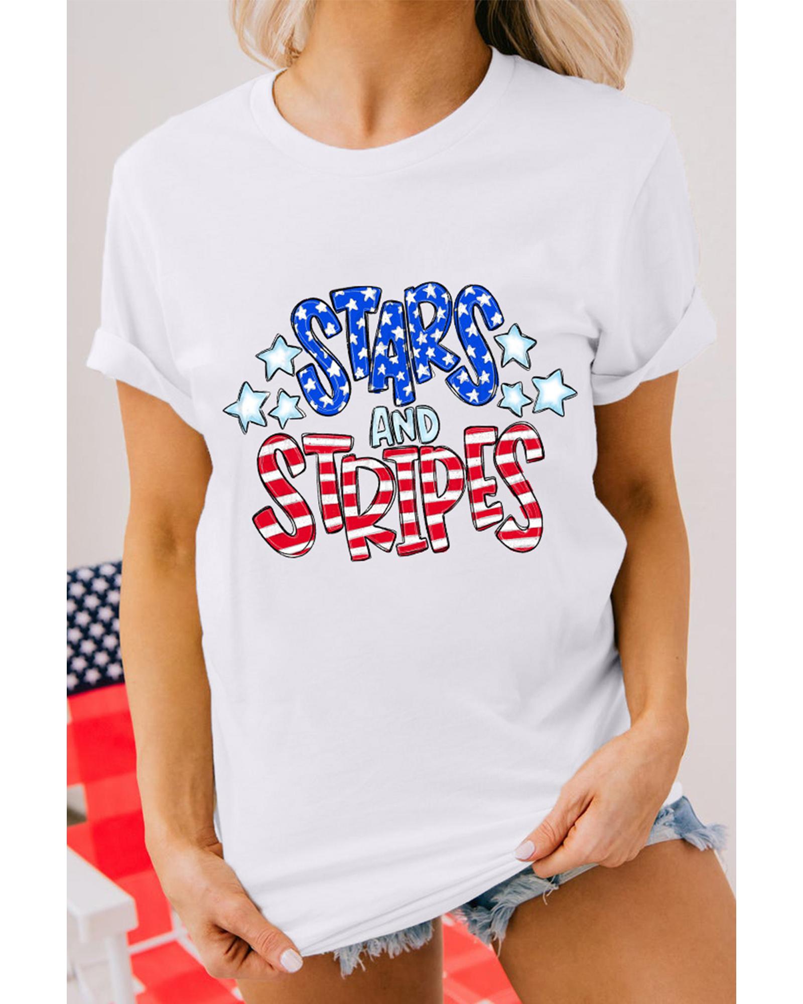 White Stars and Stripes Round Neck Graphic T Shirt - M