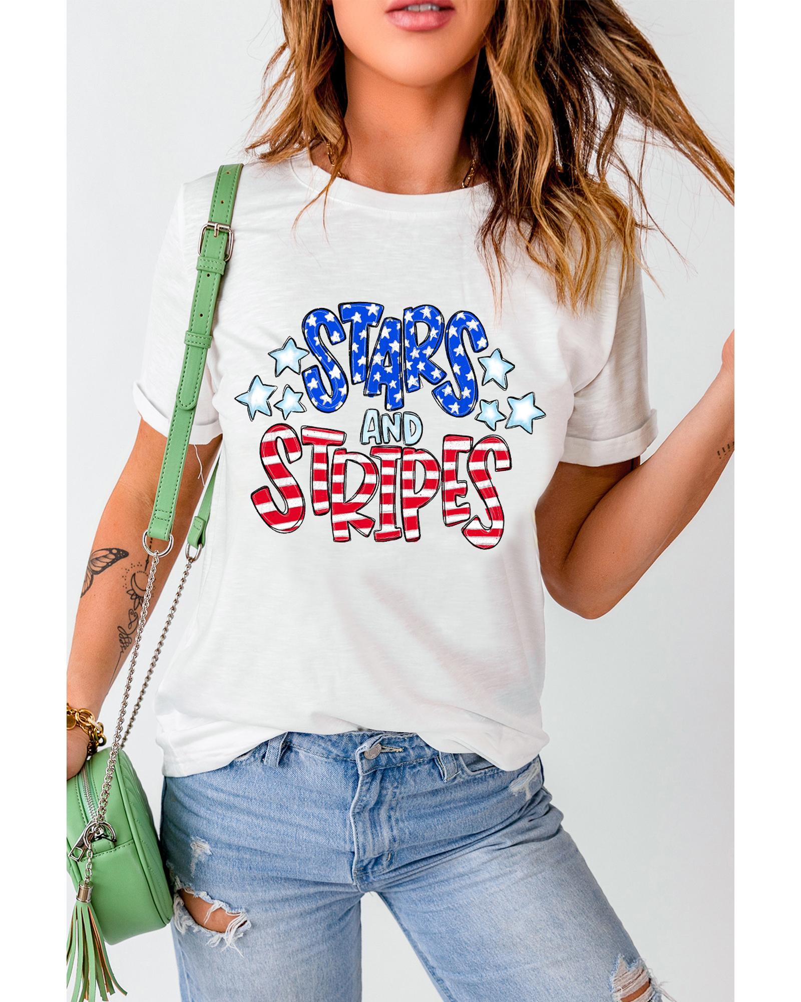 White Stars and Stripes Round Neck Graphic T Shirt - XL
