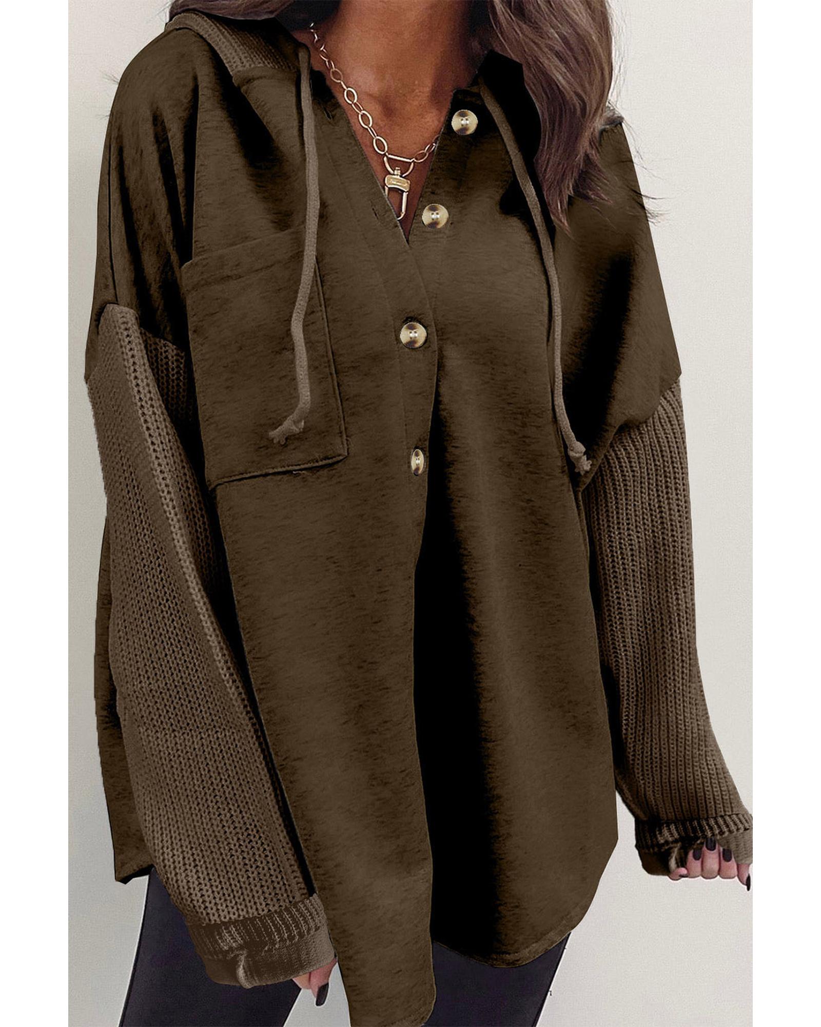 Dark Brown Button Up Contrast Knitted Sleeves Hooded Jacket - S
