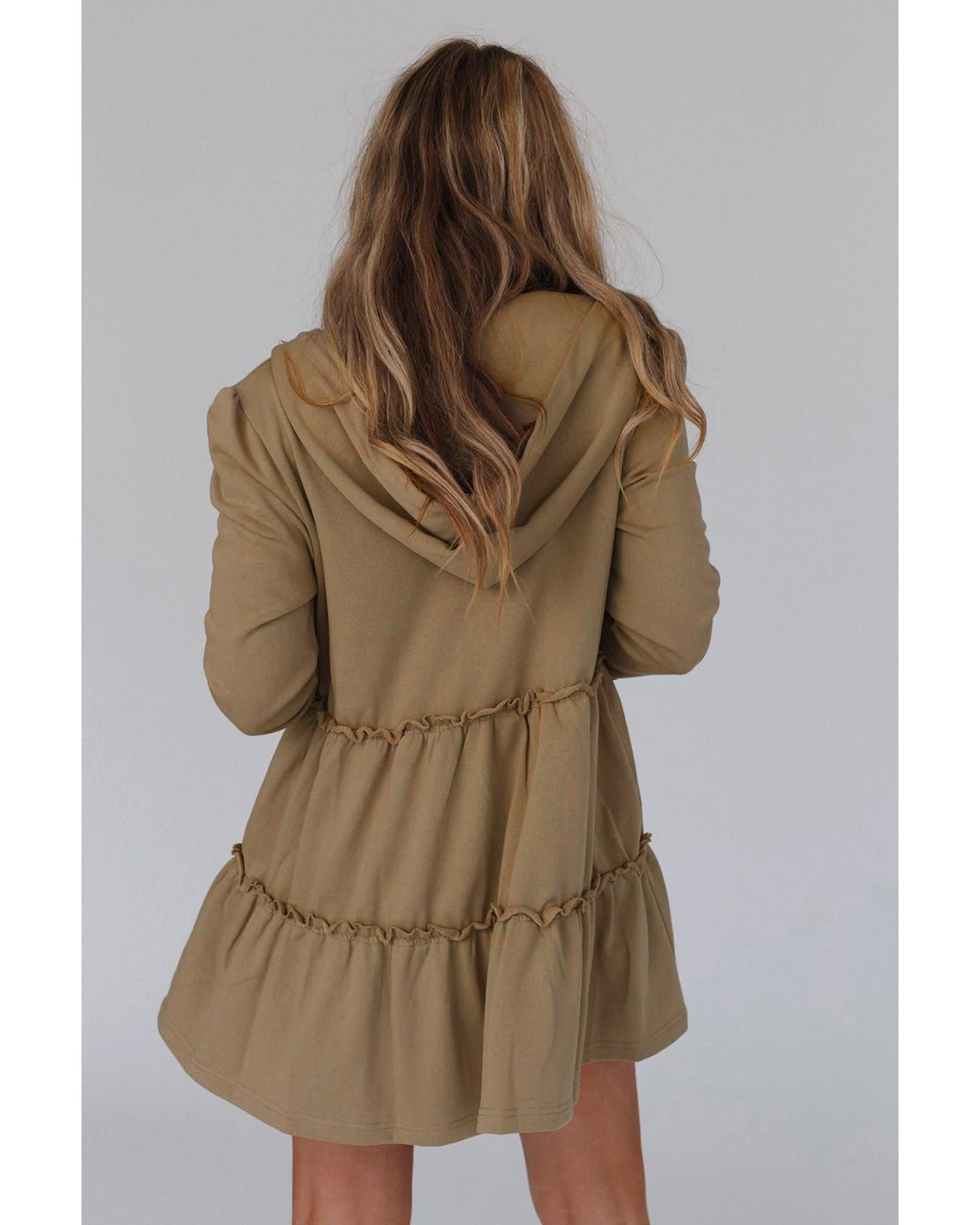 Khaki Tiered Ruffled Zip-Up Drawstring Hooded Jacket - M