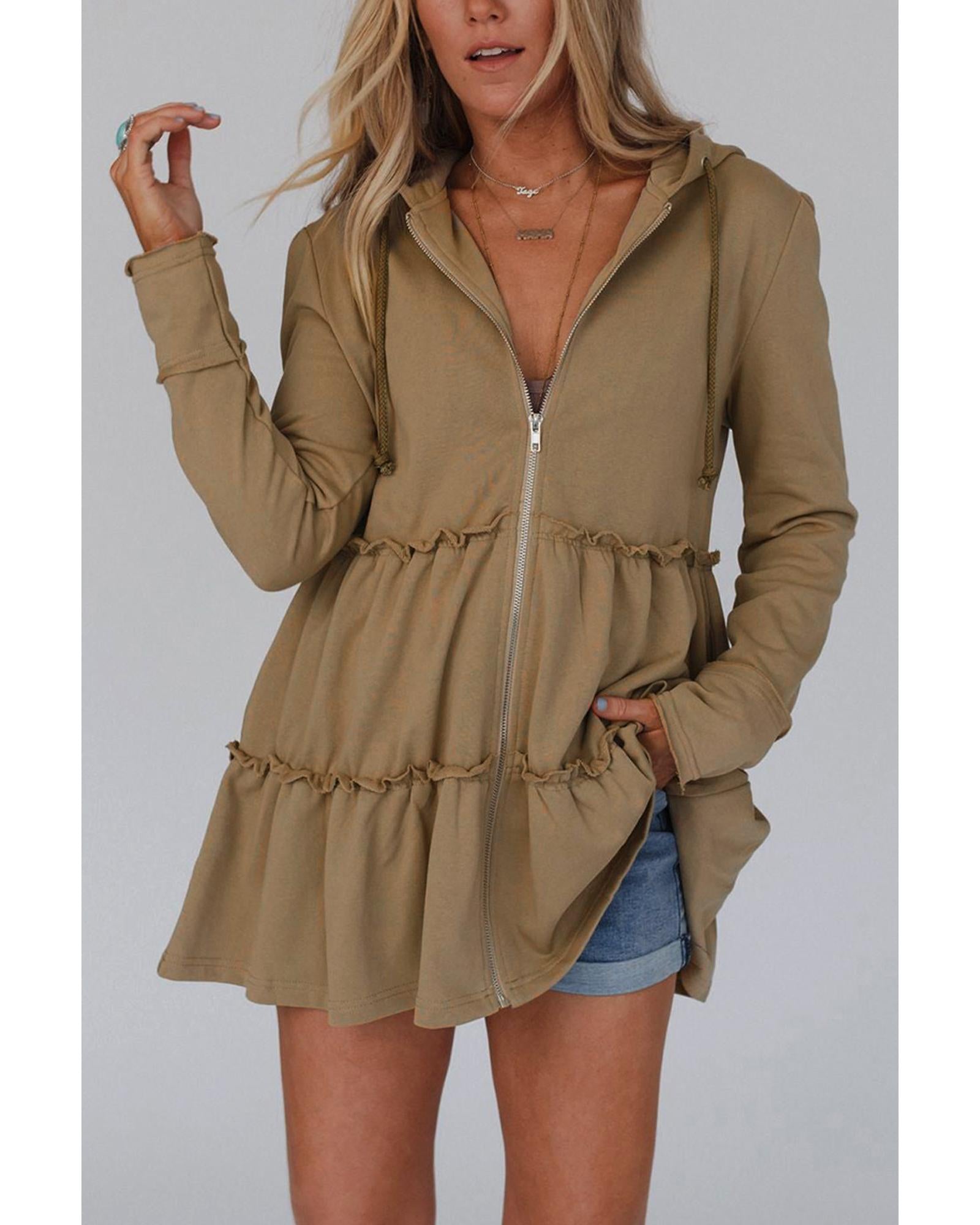 Khaki Tiered Ruffled Zip-Up Drawstring Hooded Jacket - M