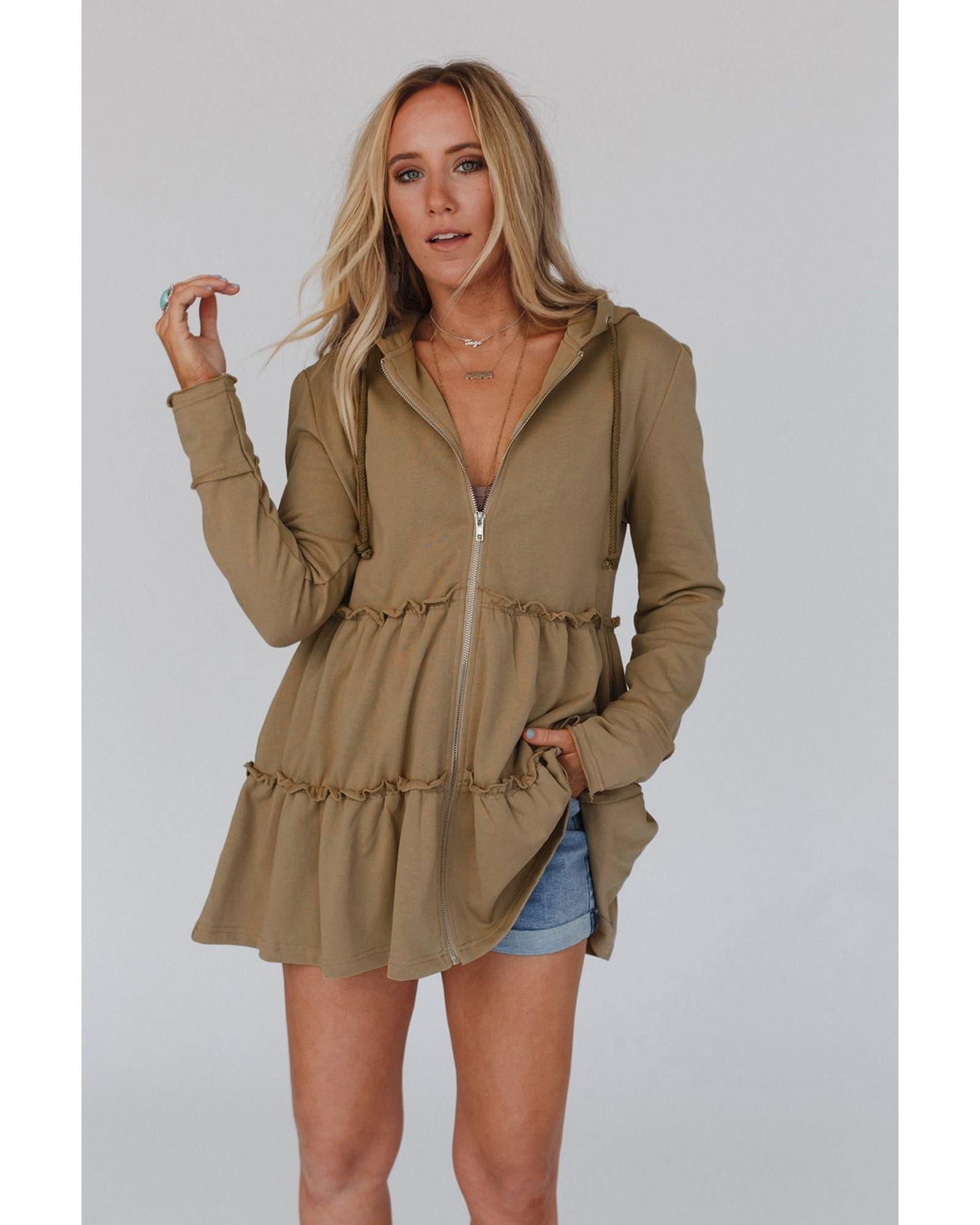 Khaki Tiered Ruffled Zip-Up Drawstring Hooded Jacket - M