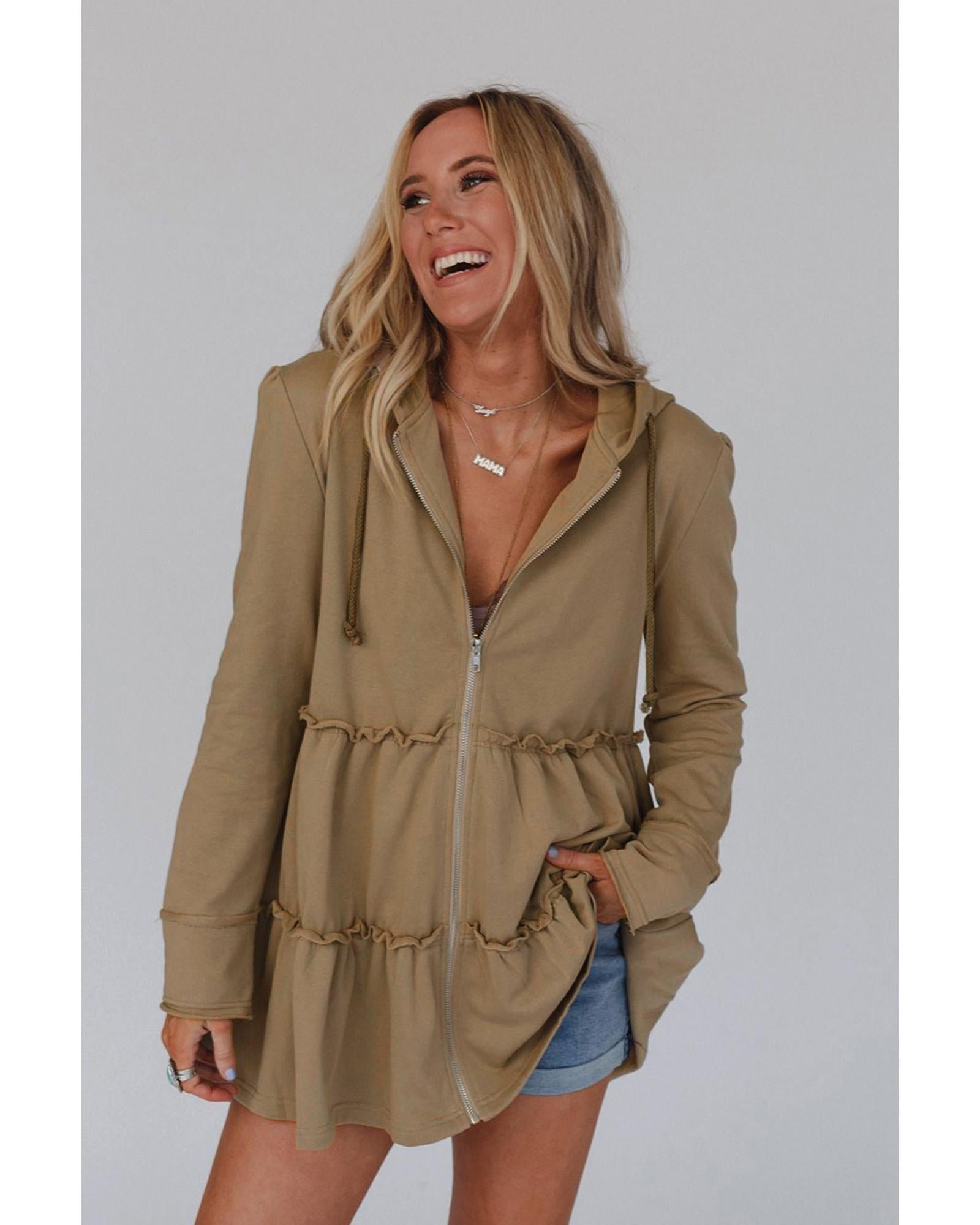 Khaki Tiered Ruffled Zip-Up Drawstring Hooded Jacket - M