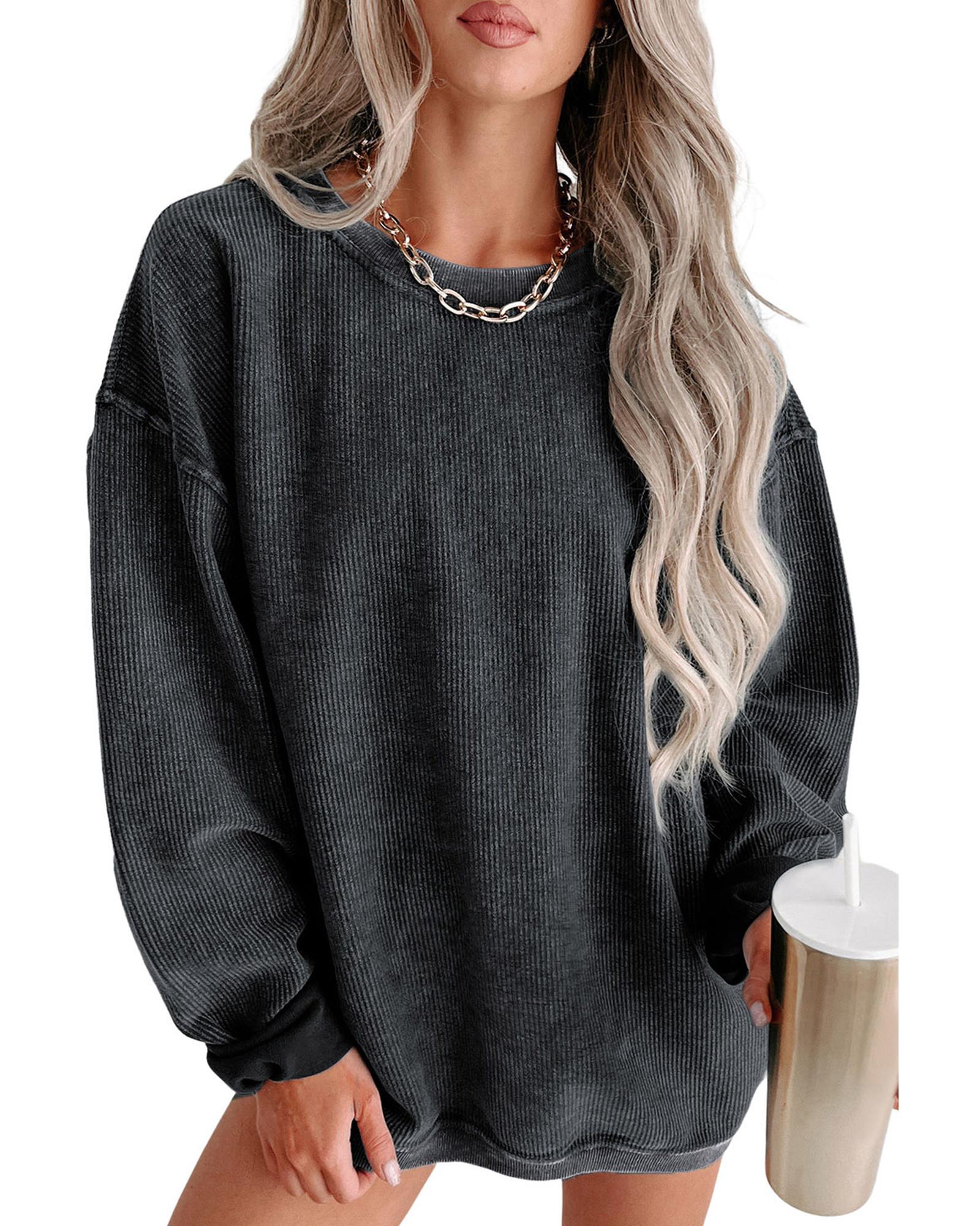 Black Solid Ribbed Knit Round Neck Pullover Sweatshirt - S