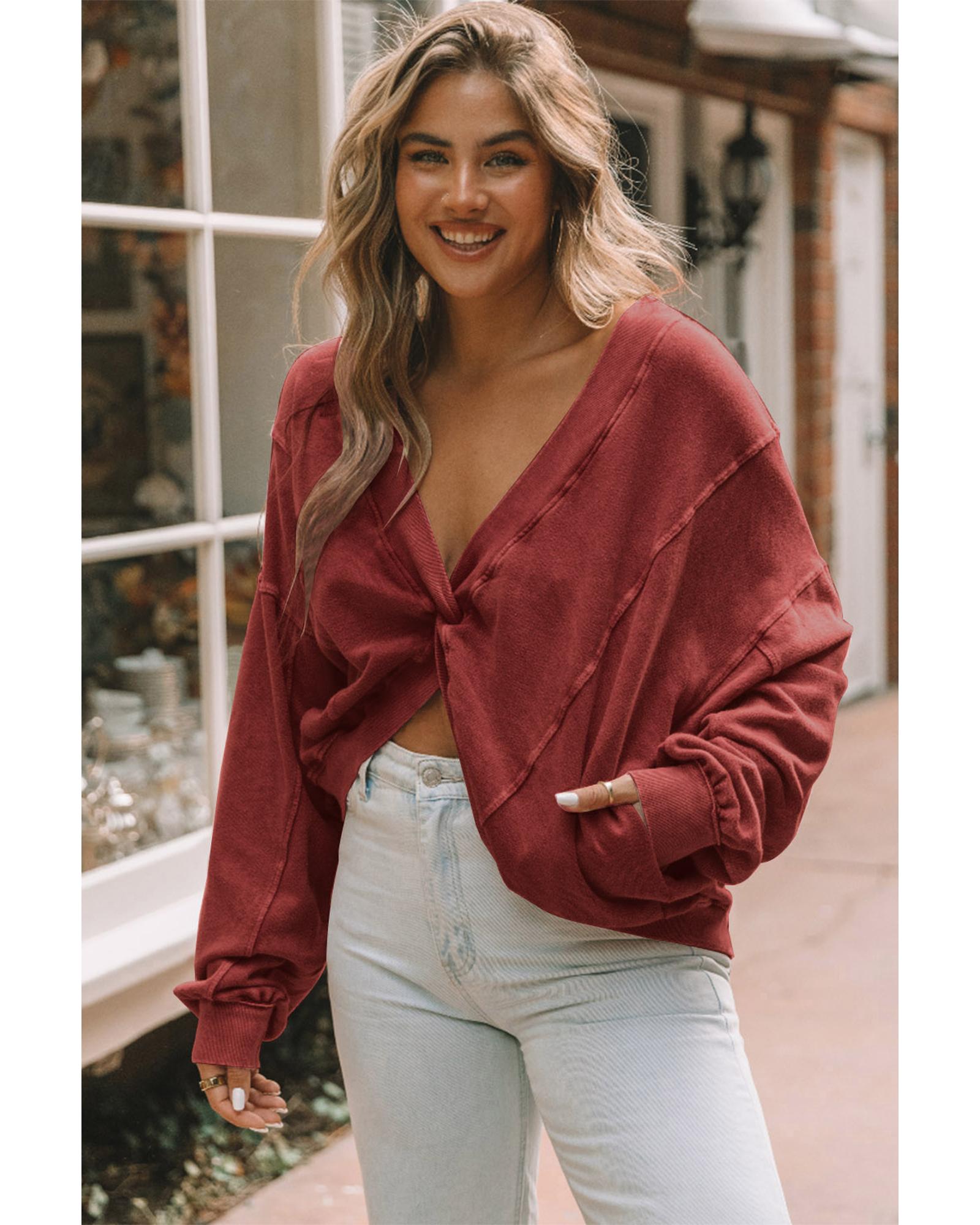 Red Exposed Seam Twist Open Back Oversized Sweatshirt - XL