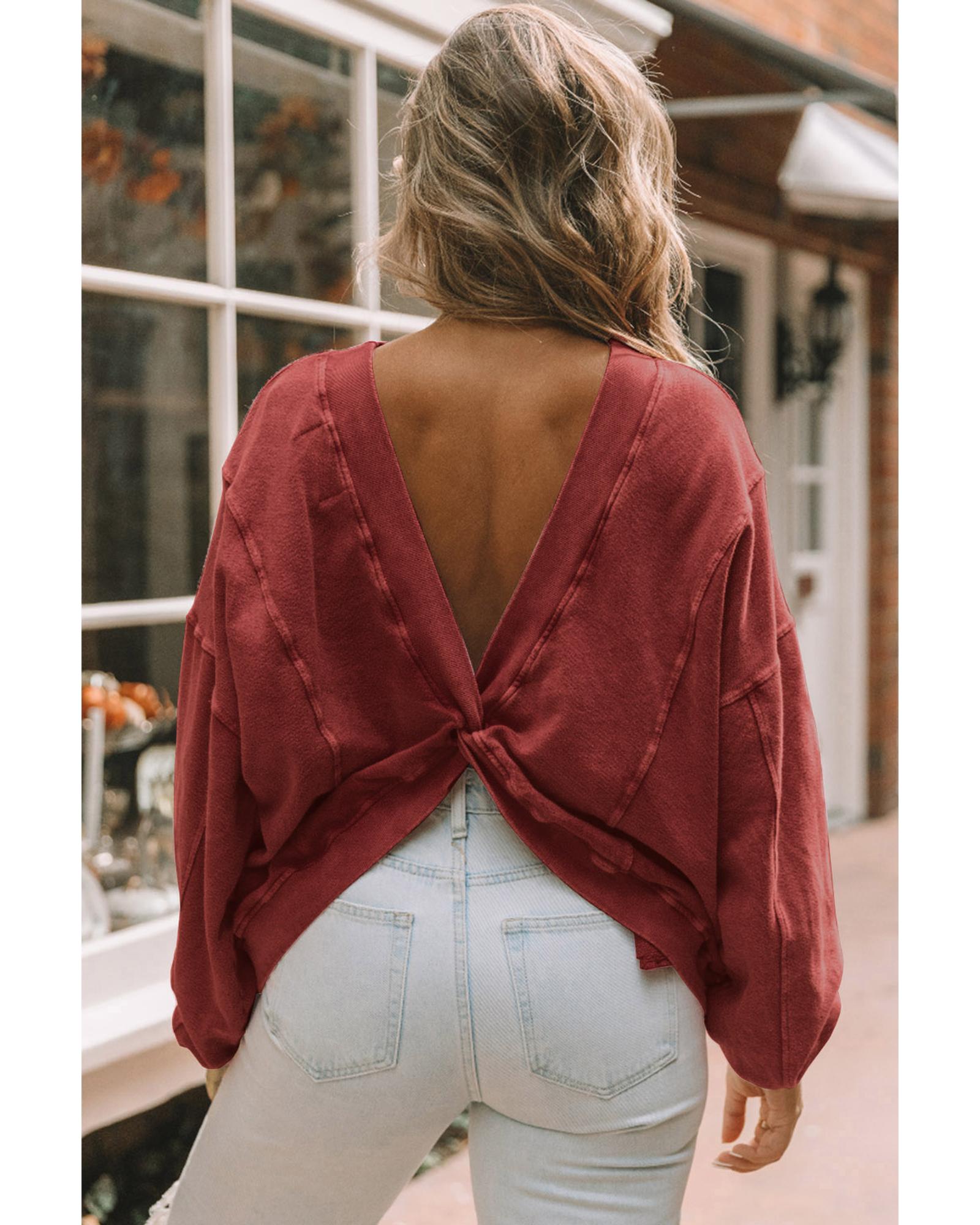Red Exposed Seam Twist Open Back Oversized Sweatshirt - XL