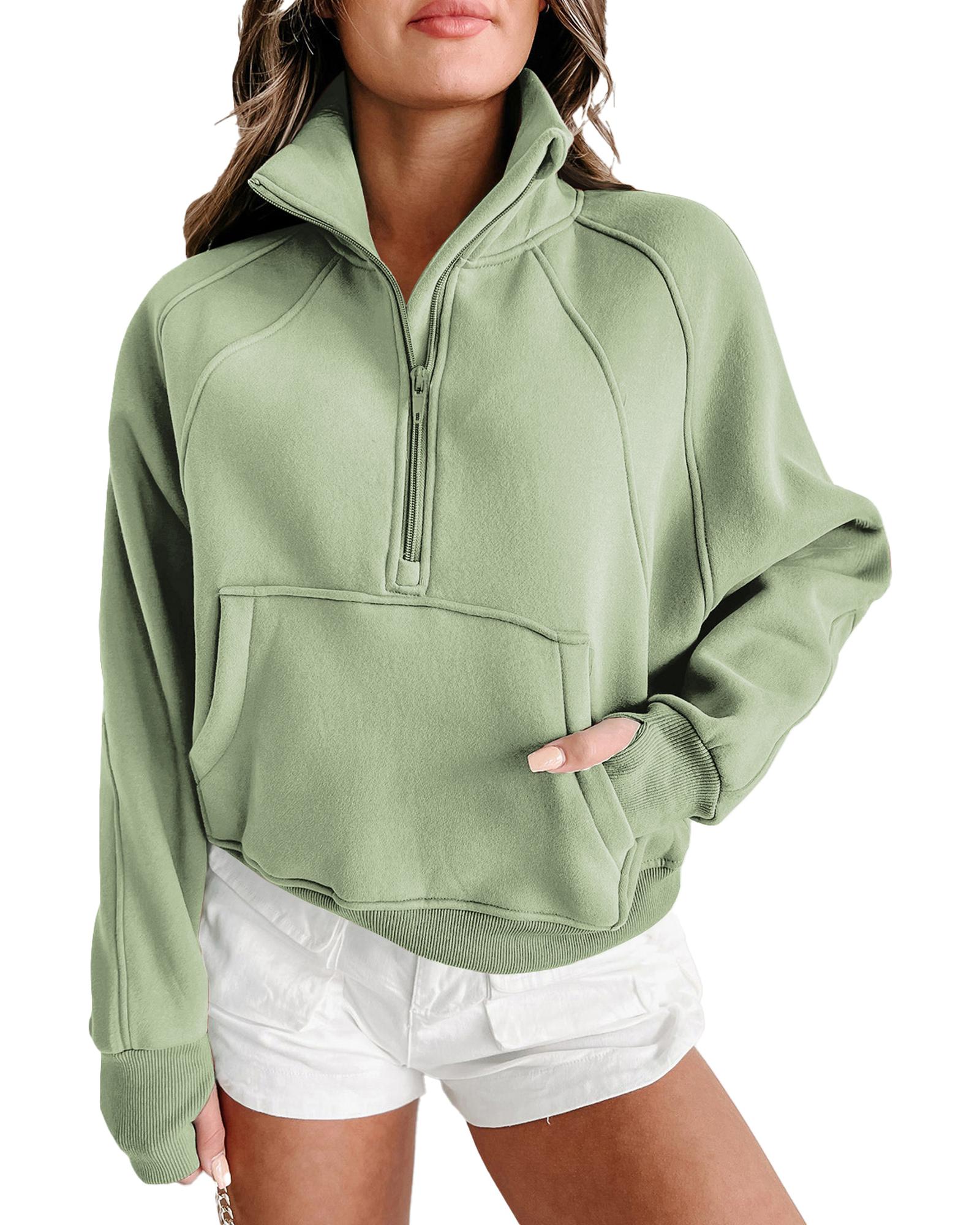 Smoke Green Fleece Lined Zip Up Stand Collar Thumbhole Sleeve Sweatshirt - XL