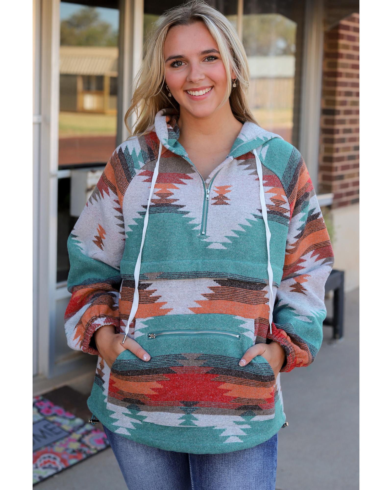 Multicolor Aztec Print Zipped Split Neck Hoodie - S