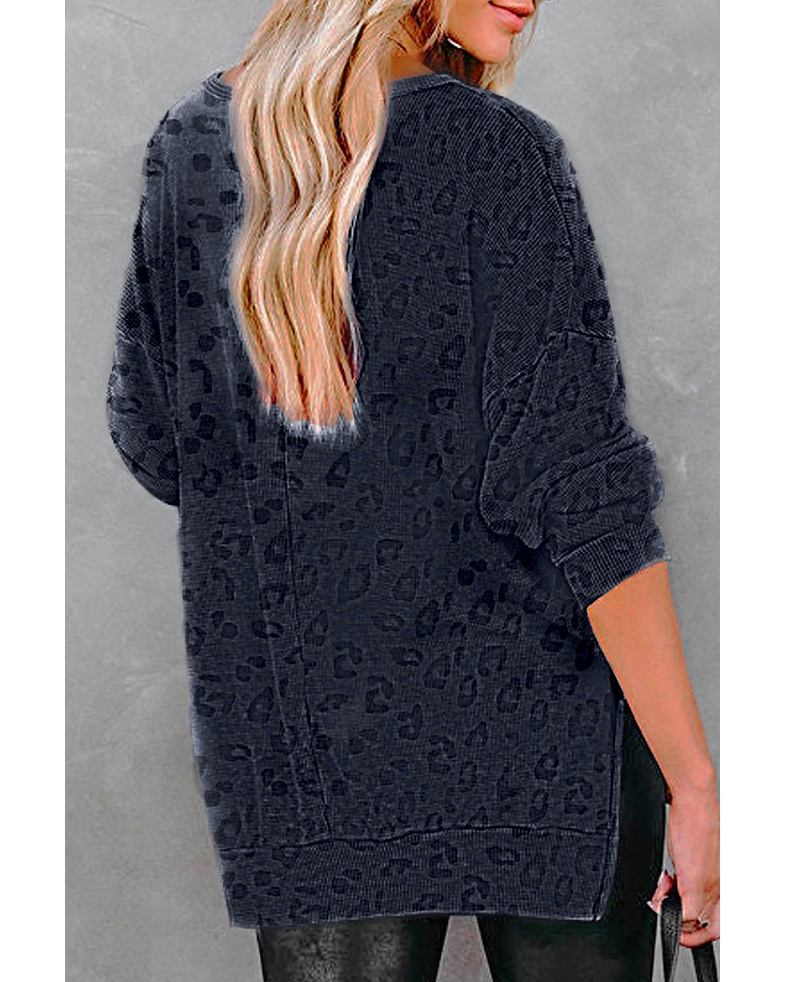 Gray Leopard Print Button Split Neck Waffle Sweatshirt - M