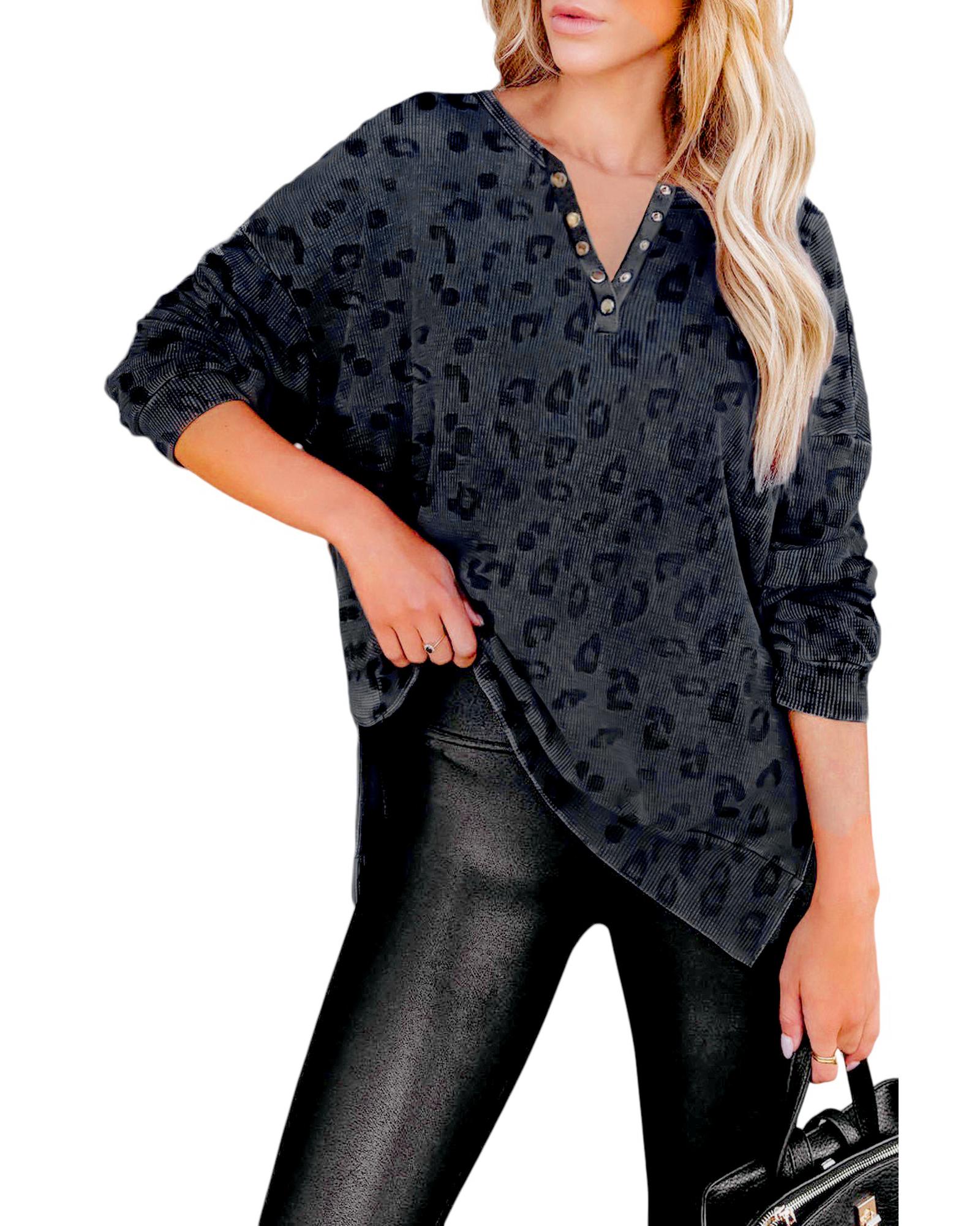 Gray Leopard Print Button Split Neck Waffle Sweatshirt - S